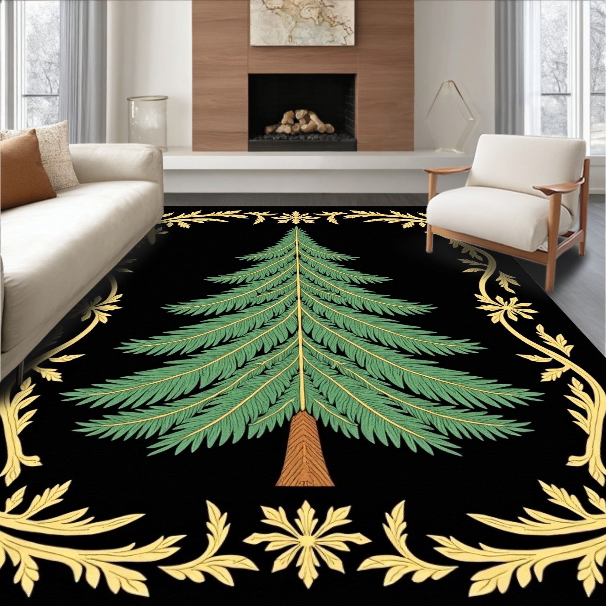 Emerald Evergreen Fern Floral Frame Rug