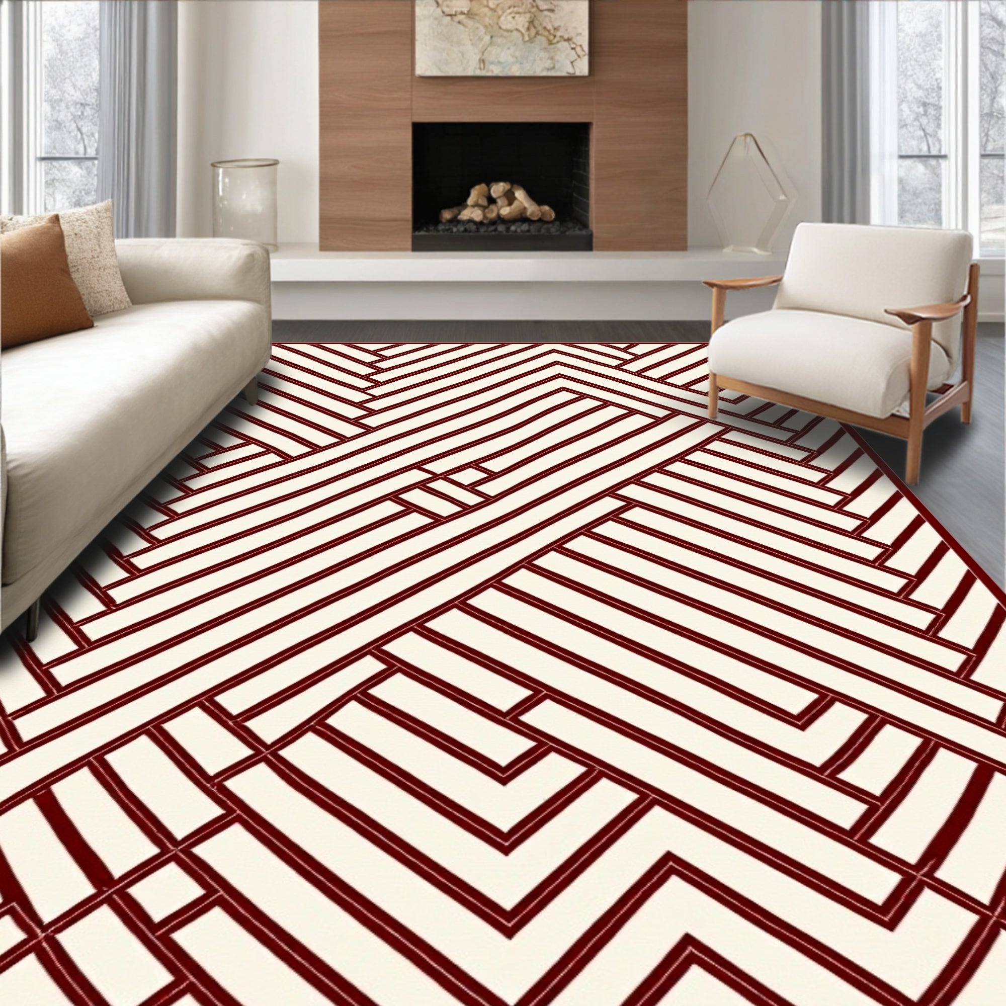 Crimson Herringbone Interlocking Lines Rug