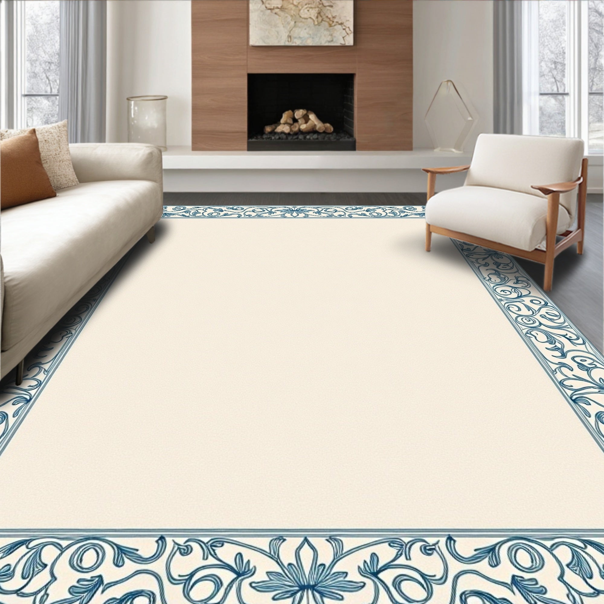 Ornate Teal Floral Scroll Border Rug