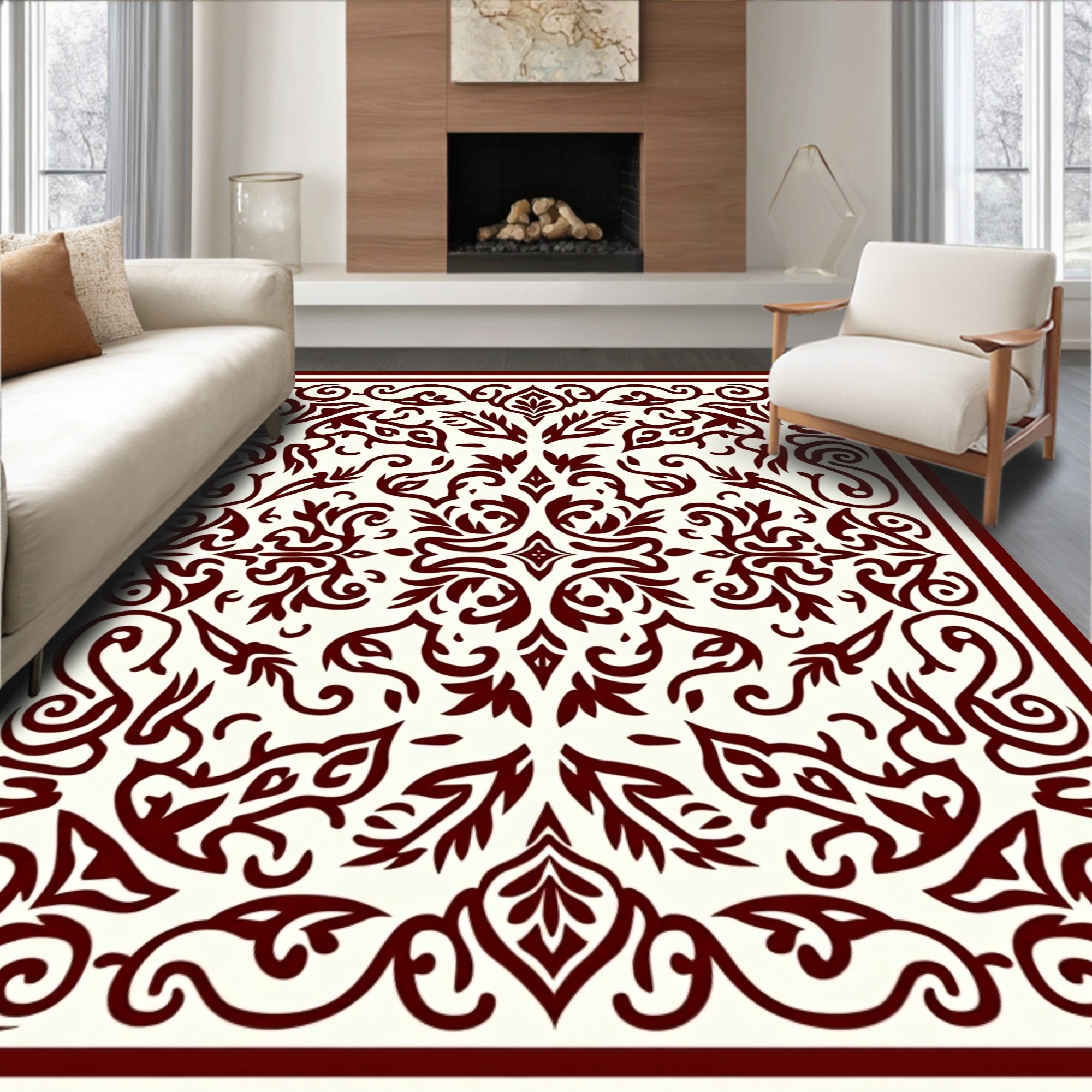 Crimson Ivory Arabesque Scrollwork Rug
