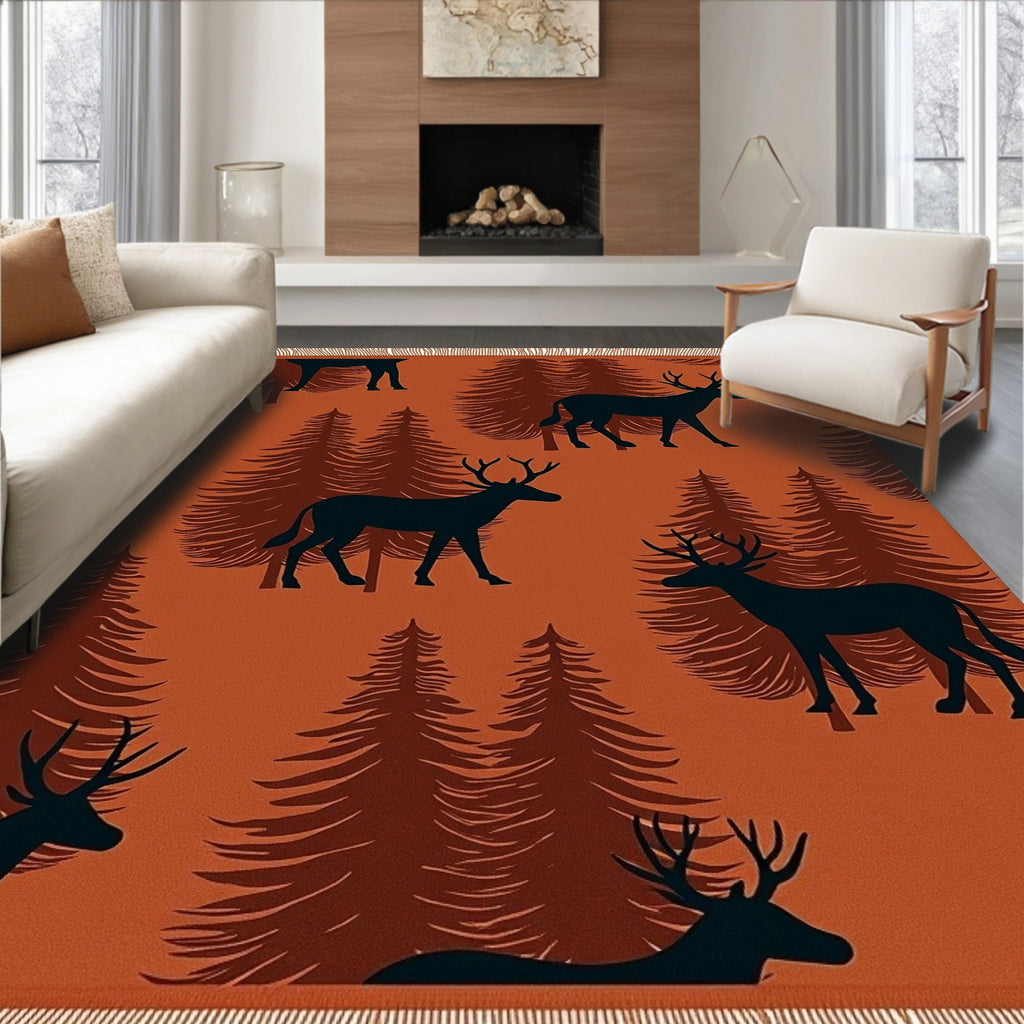 Rustic Woodland Deer Forest Scene Rug