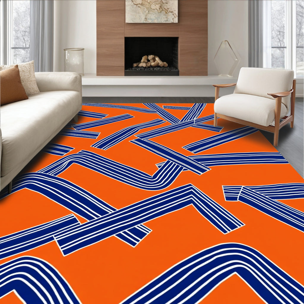 Striped Orange Blue Intersecting Lines Rug