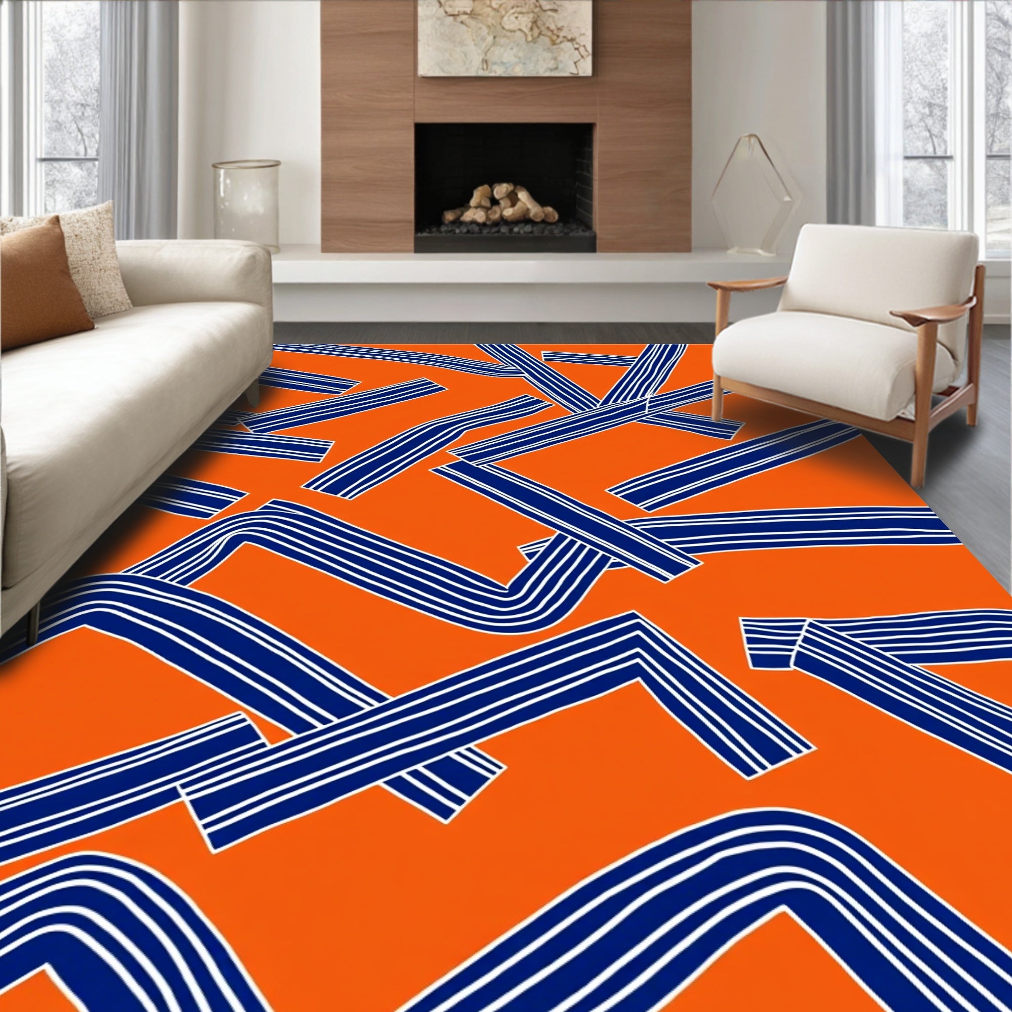 Striped Orange Blue Intersecting Lines Rug