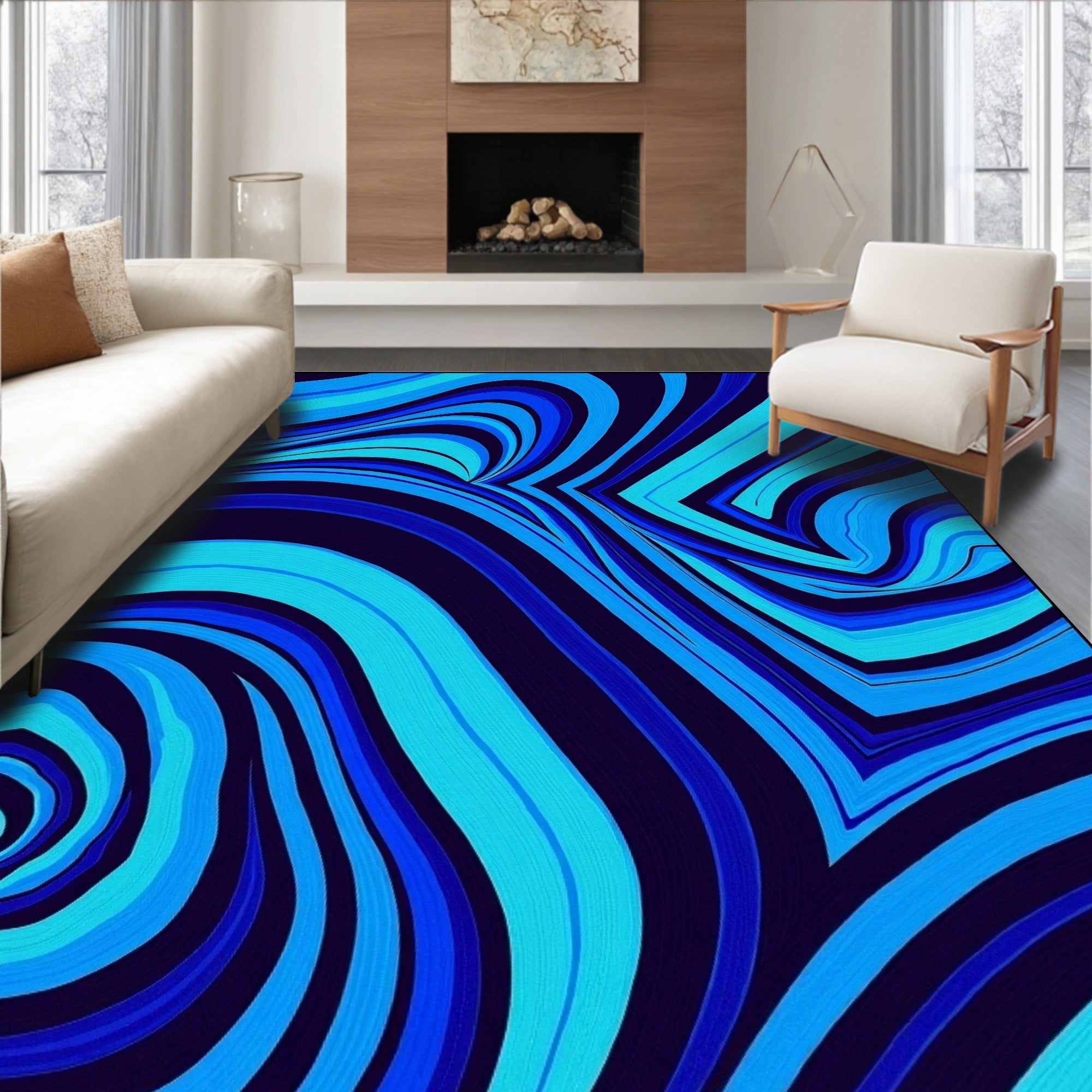 Vivid Blue Swirl and Stripe Rug