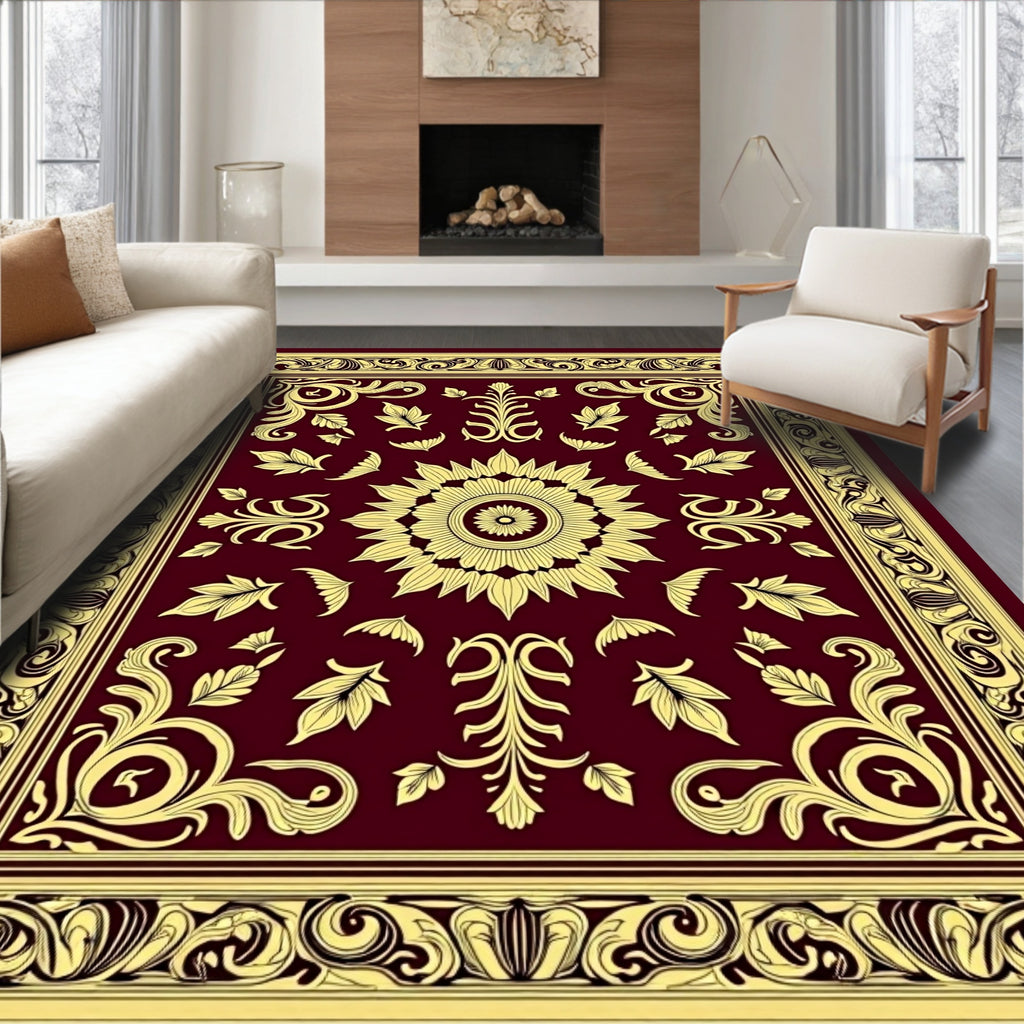Golden Burgundy Medallion Floral Border Rug