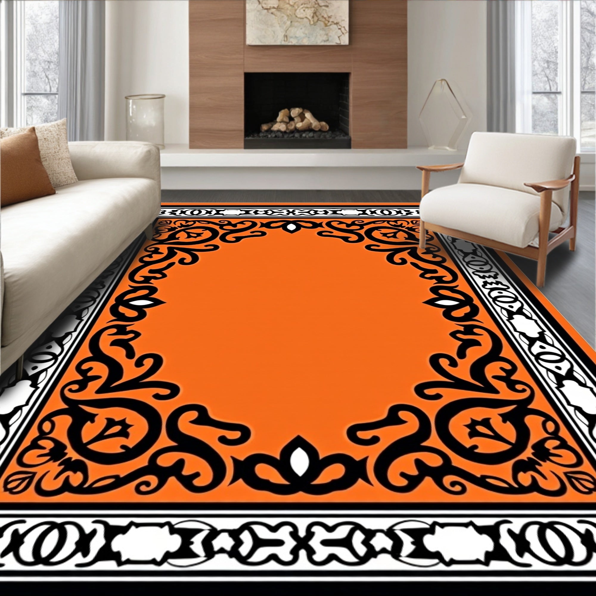 Vibrant Orange Filigree Border Rug