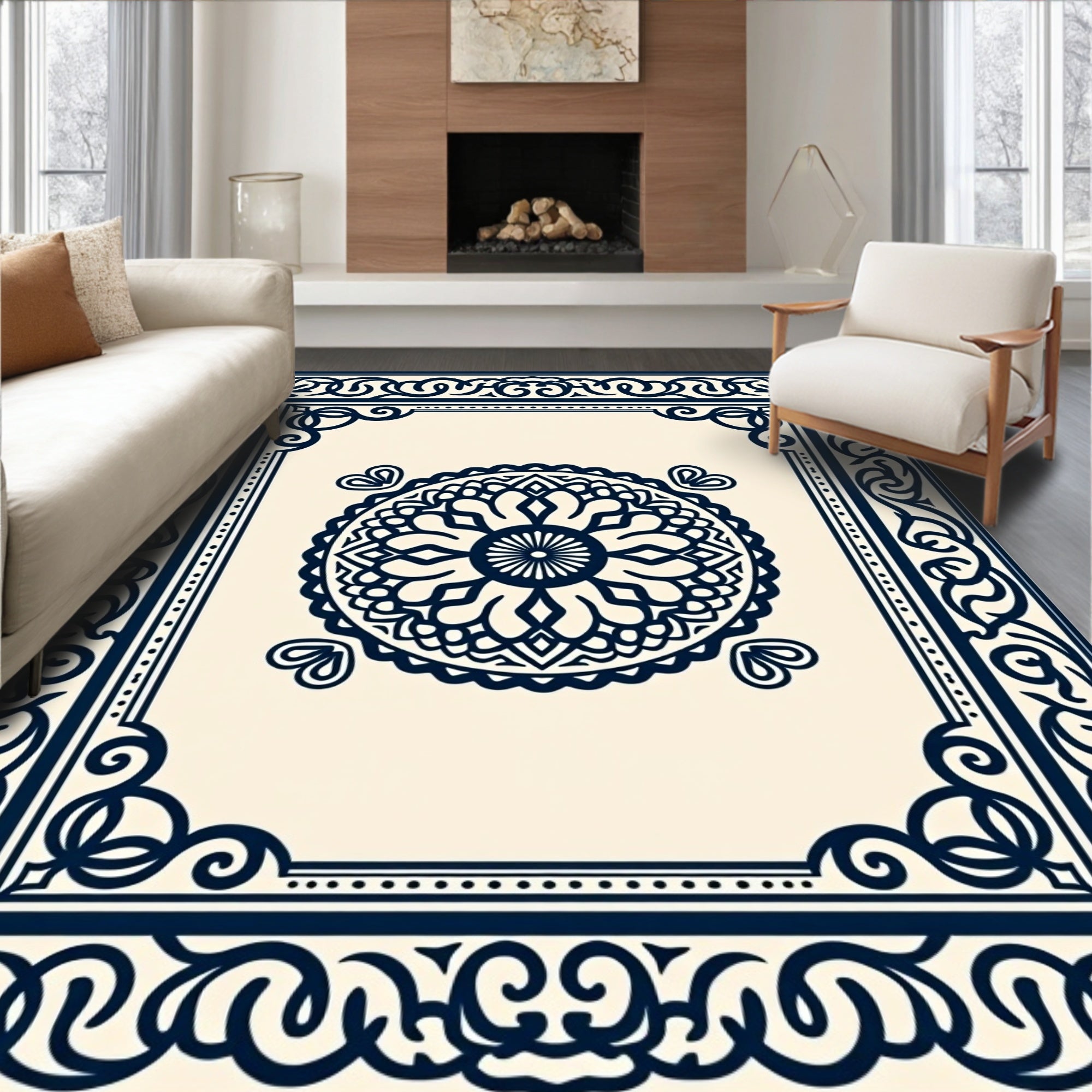 Elegant Navy Floral Mandala Cream Rug