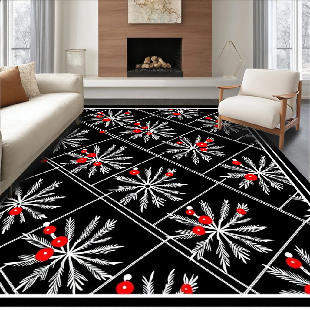 Black White Red Berry Laurel Frame Rug