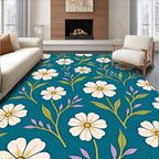 Teal White Daisy Floral Garden Rug