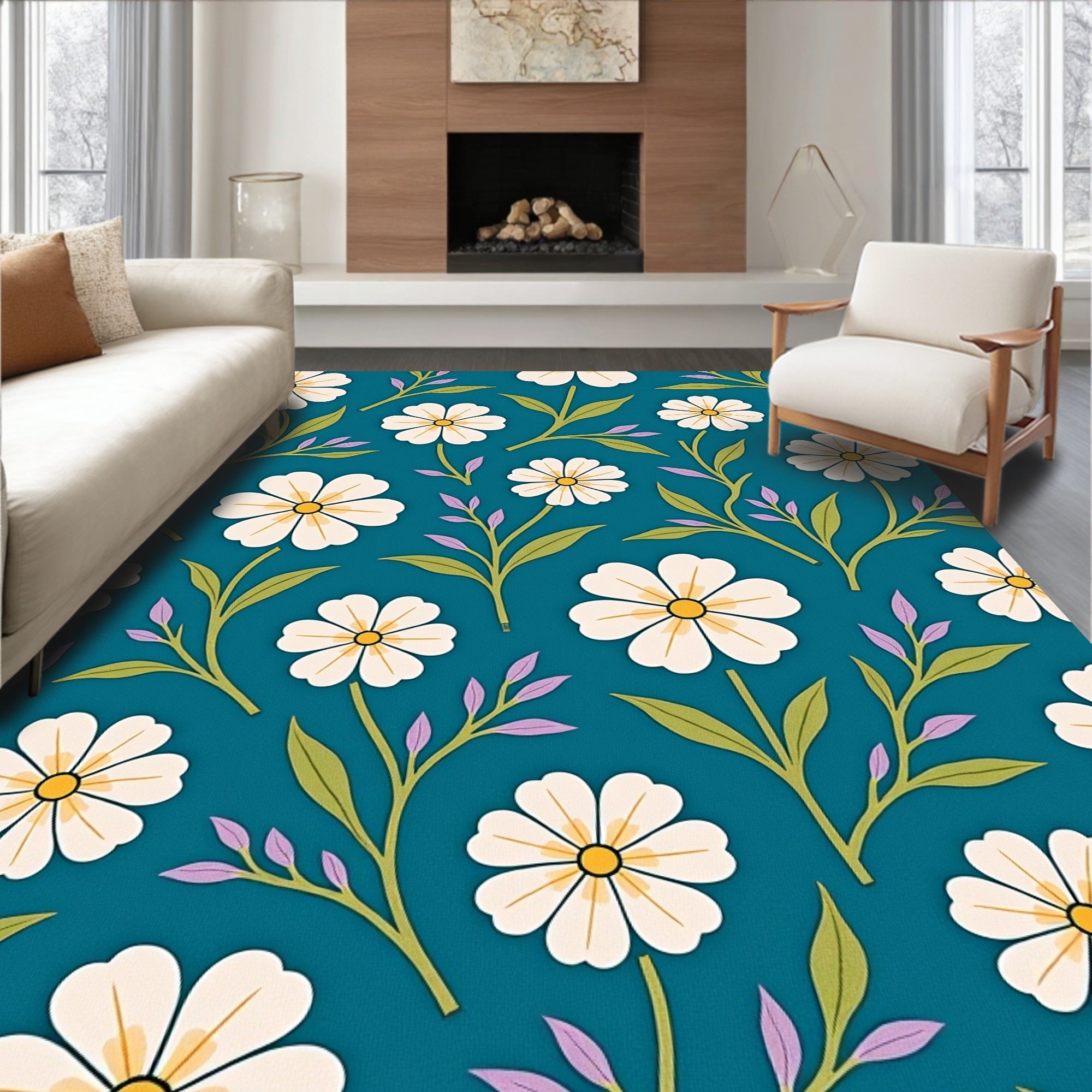Teal White Daisy Floral Garden Rug