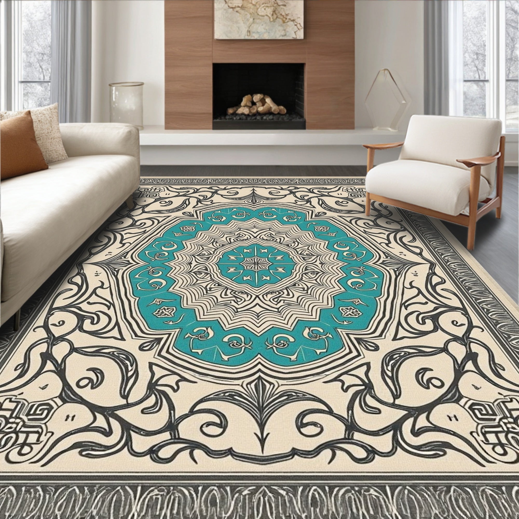Teal Medallion Arabesque Scroll Rug