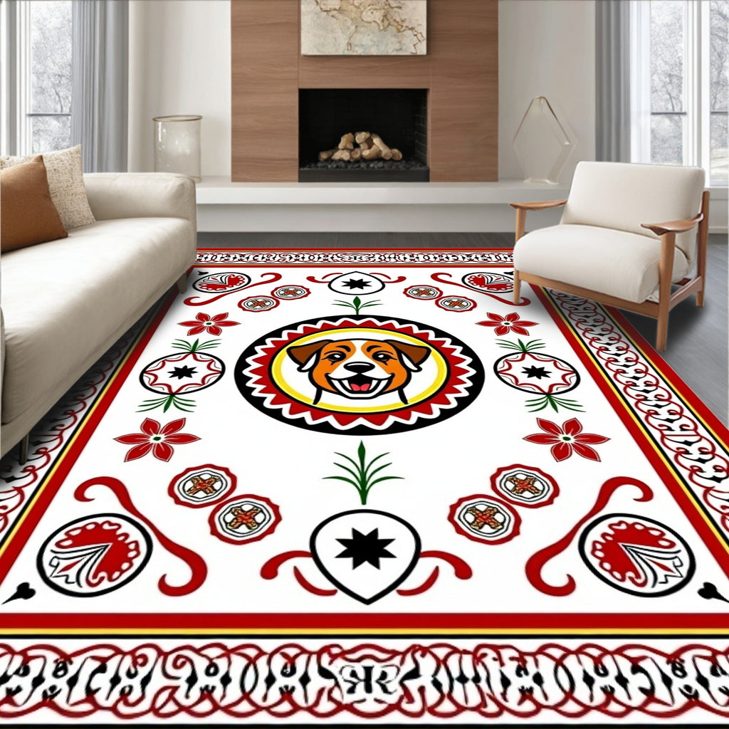 Red And White Happy Dog Floral Border Rug