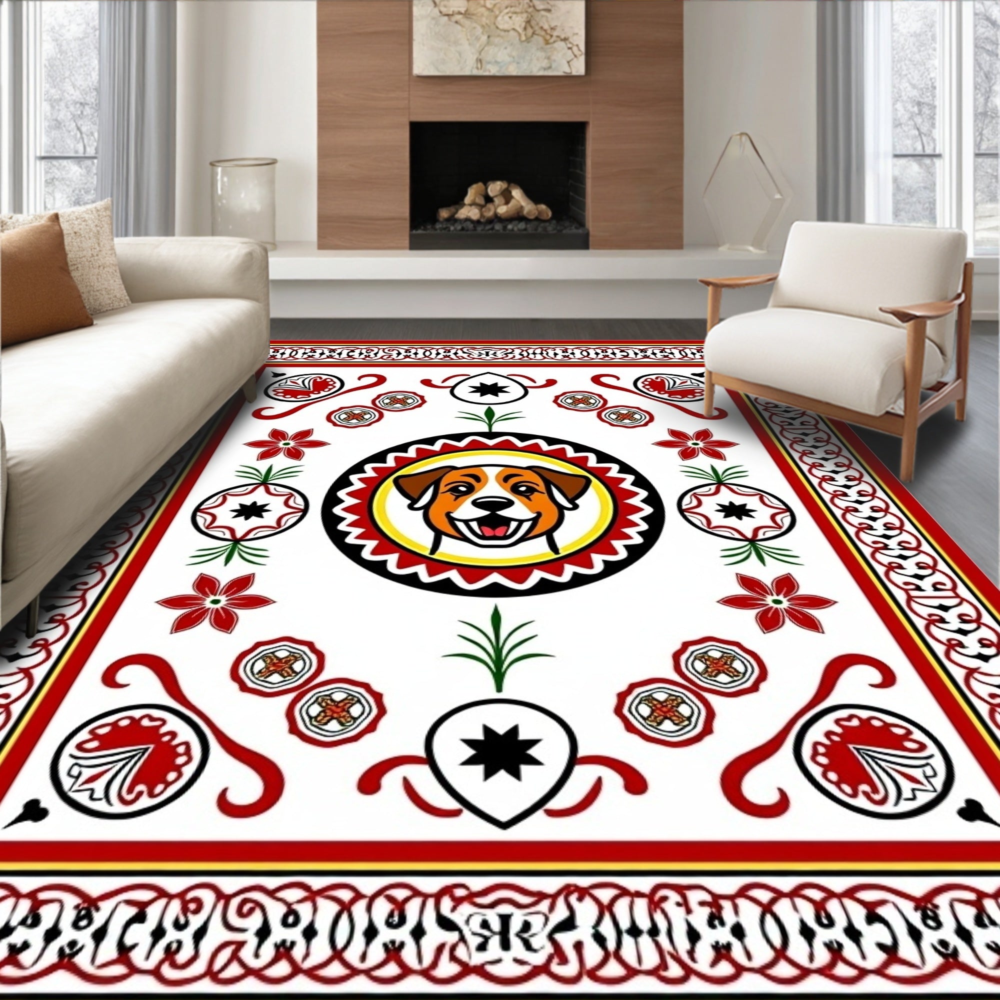 Red And White Happy Dog Floral Border Rug