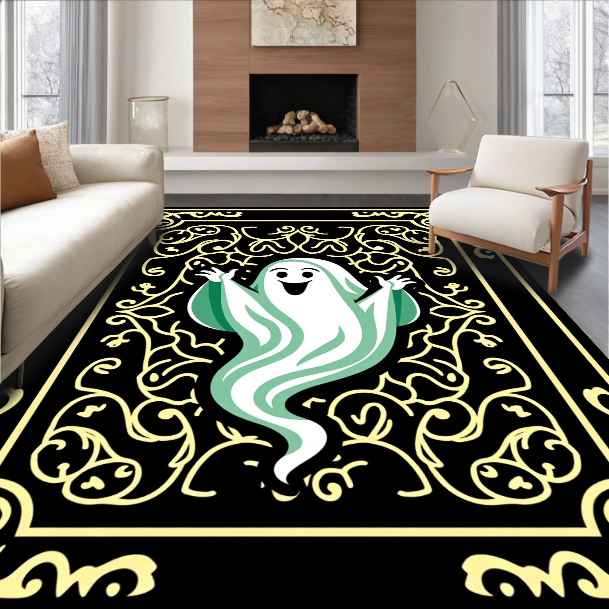 Whimsical Ghost Floral Frame Rug
