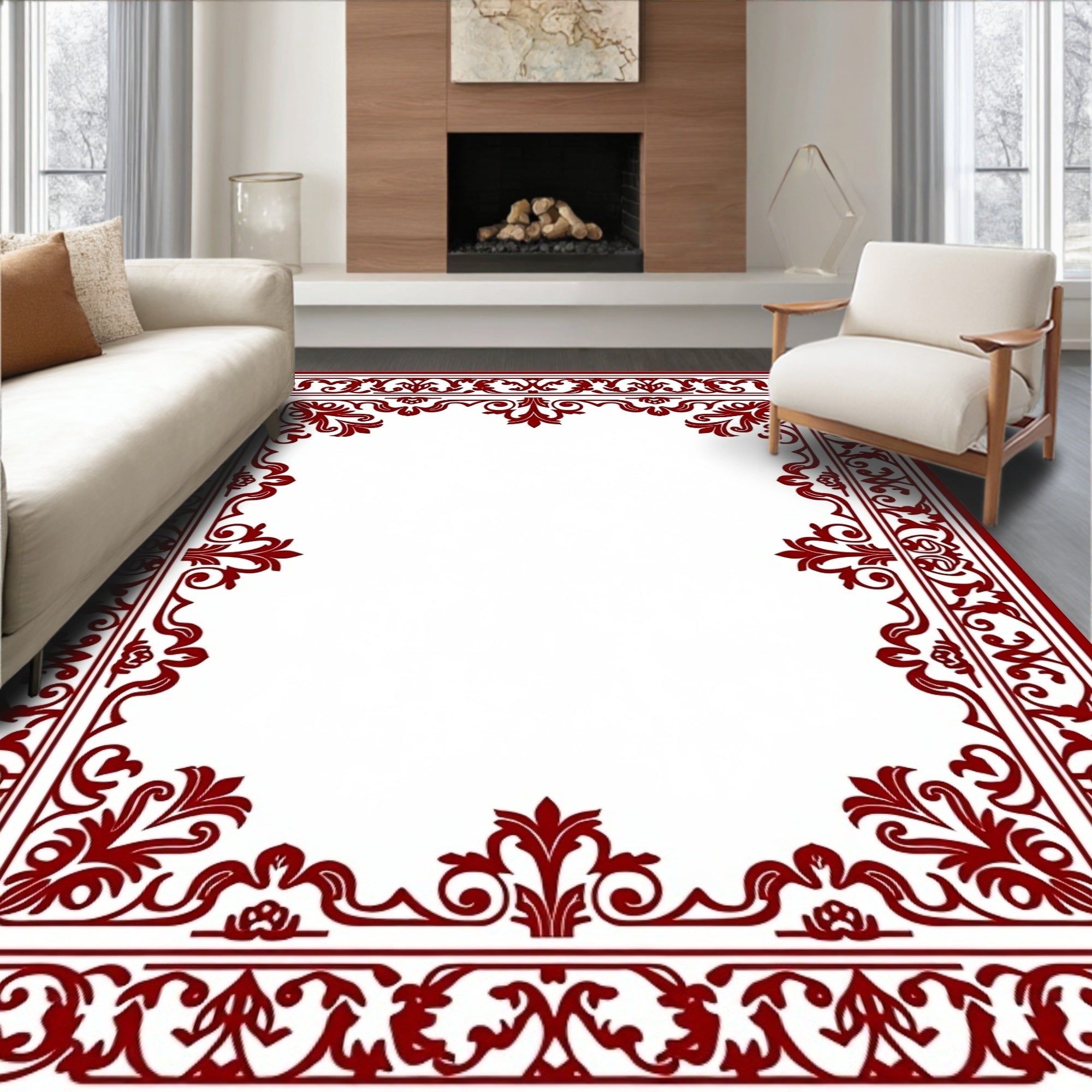 Deep Red Victorian Scroll Frame Rug