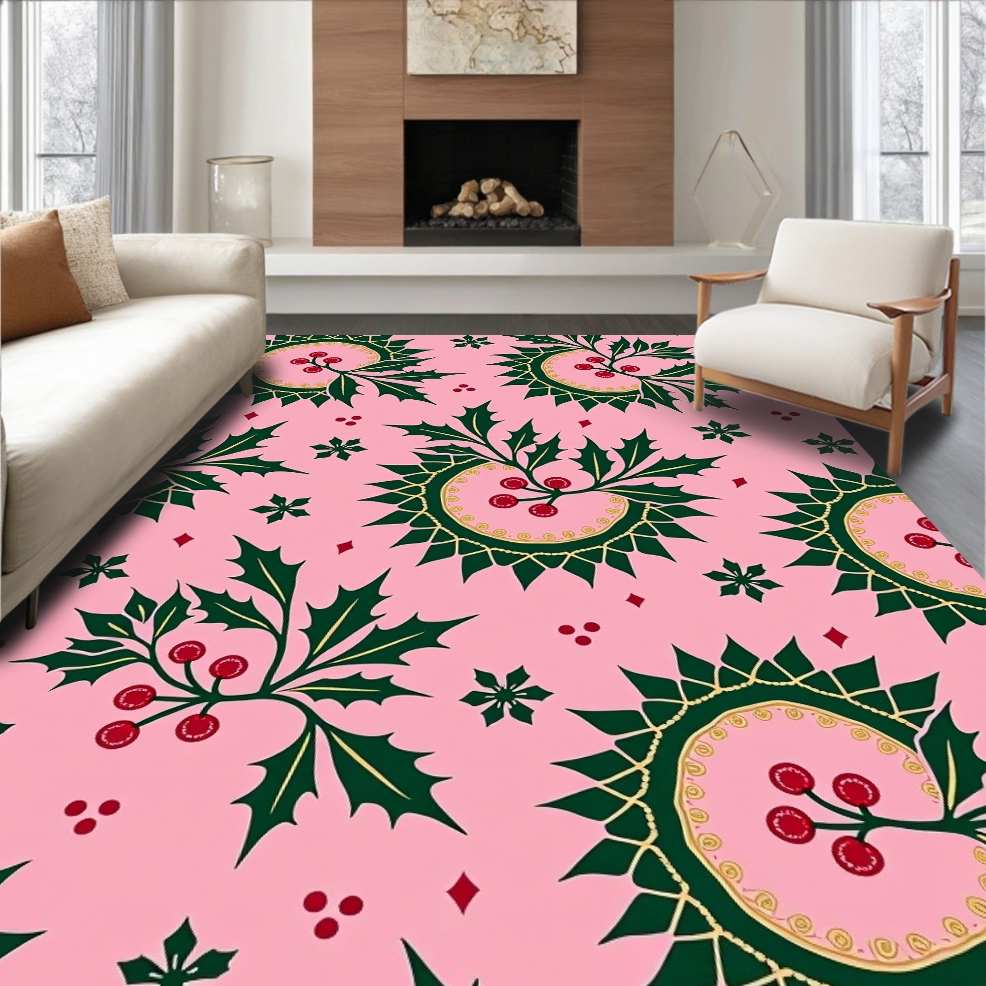 Vintage Pink Holly Berry Medallion Rug