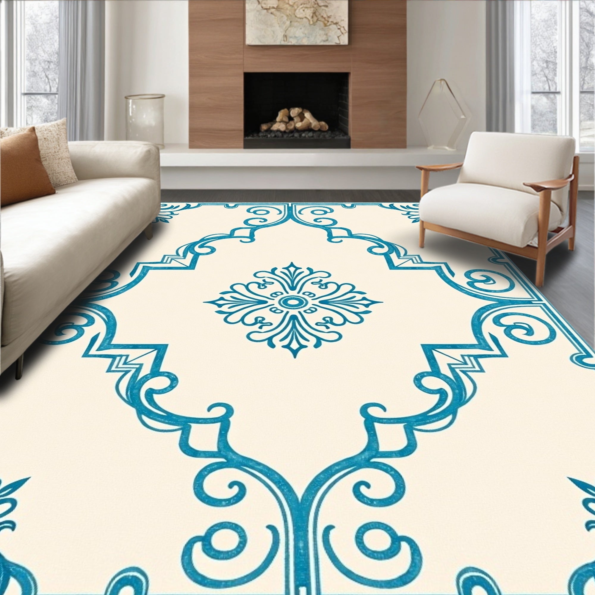 Teal Cream Arabesque Medallion Rug