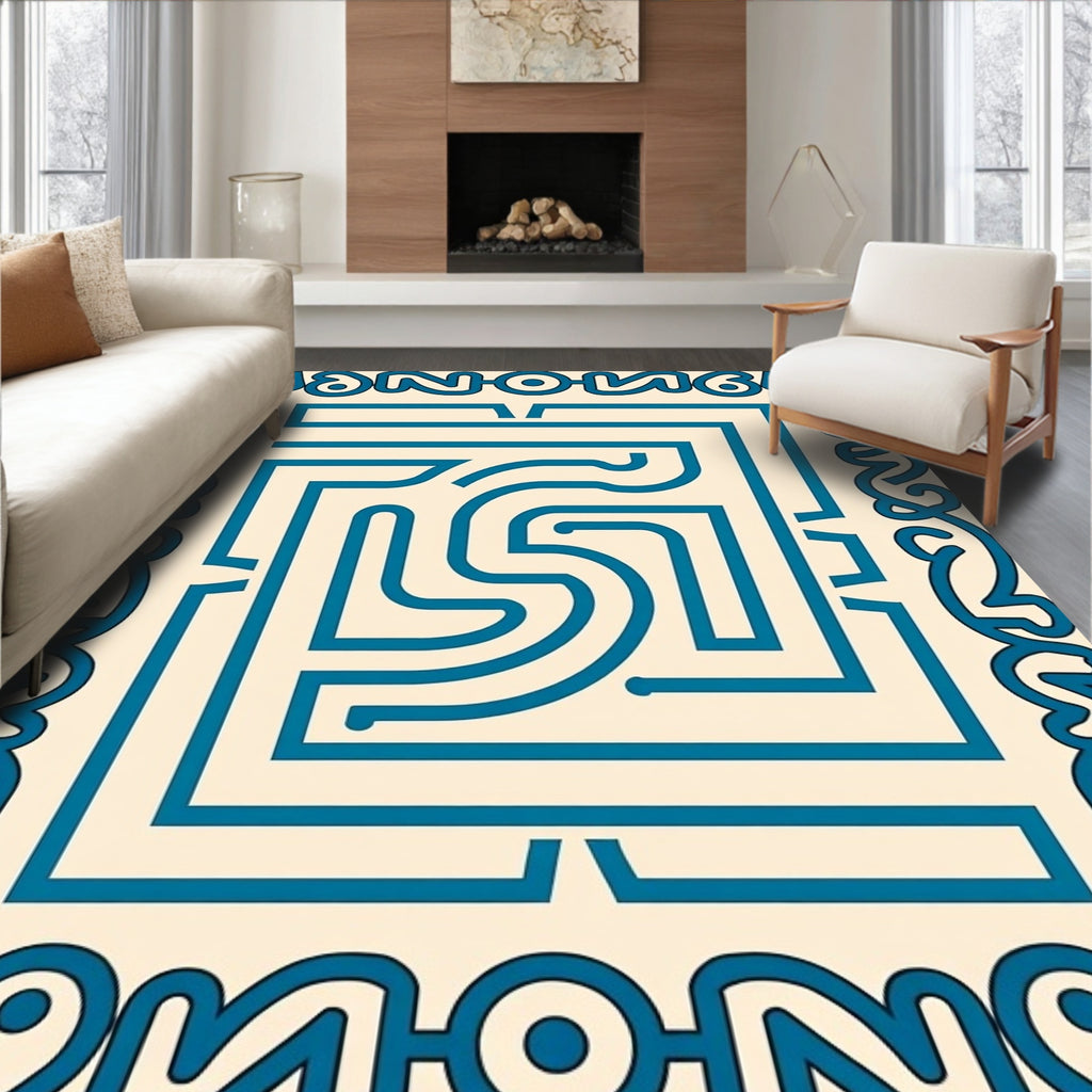 Retro Teal Maze Border Rectangle Rug