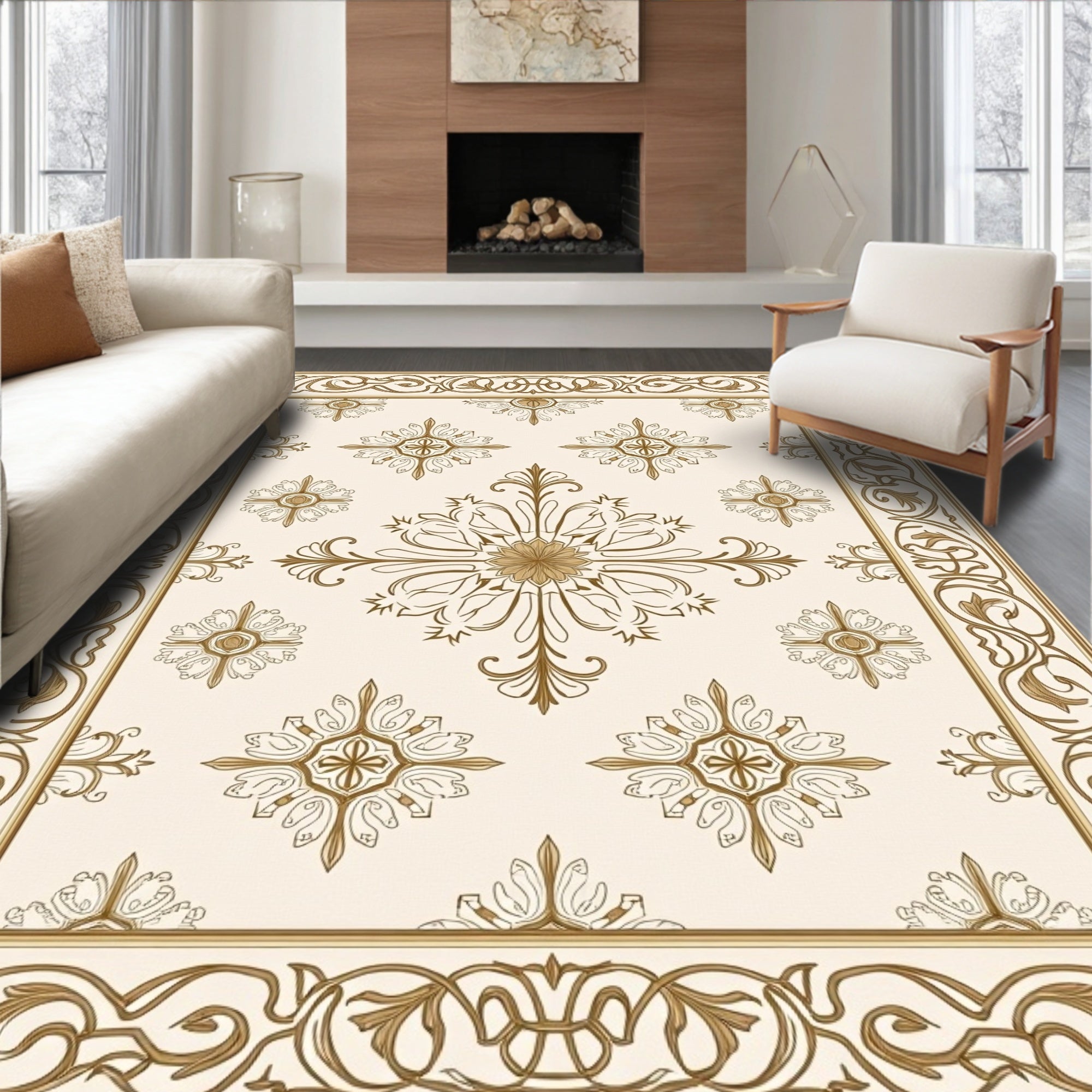 Golden Cream Floral Medallion Border Rug