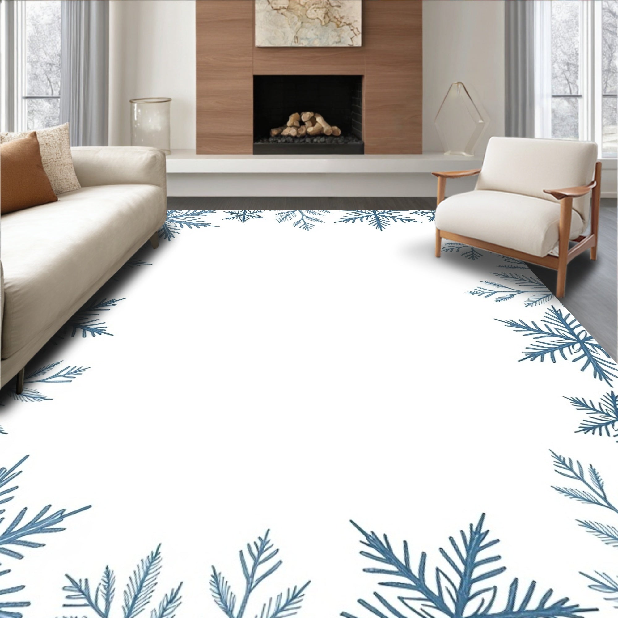 Winter Blue Snowflake Border Frame Rug