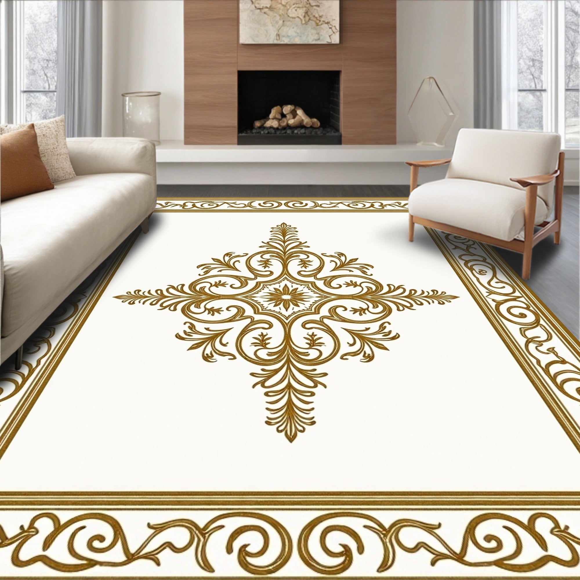 Elegant Gold Scrollwork Medallion Frame Rug