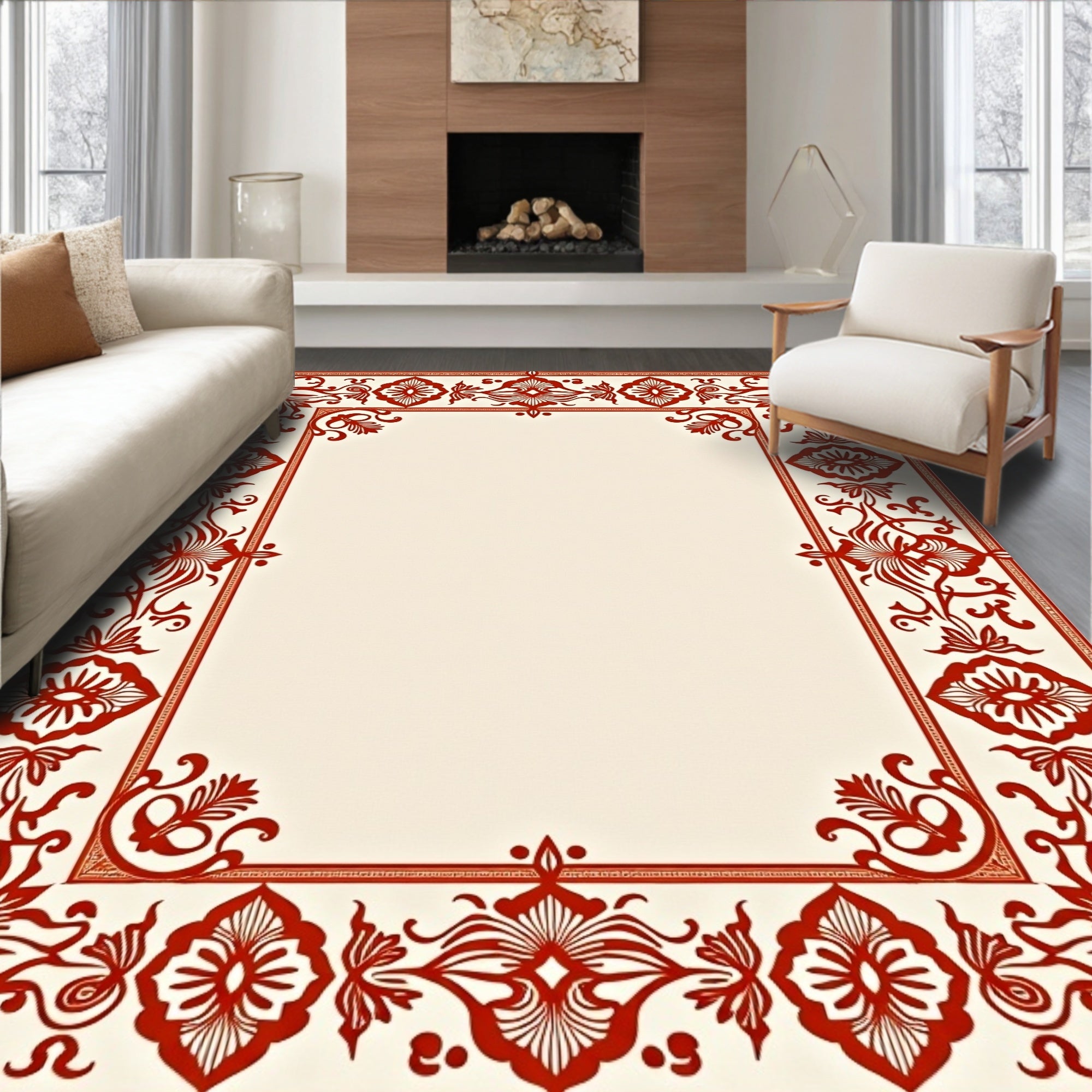 Crimson Red Floral Medallion Border Rug