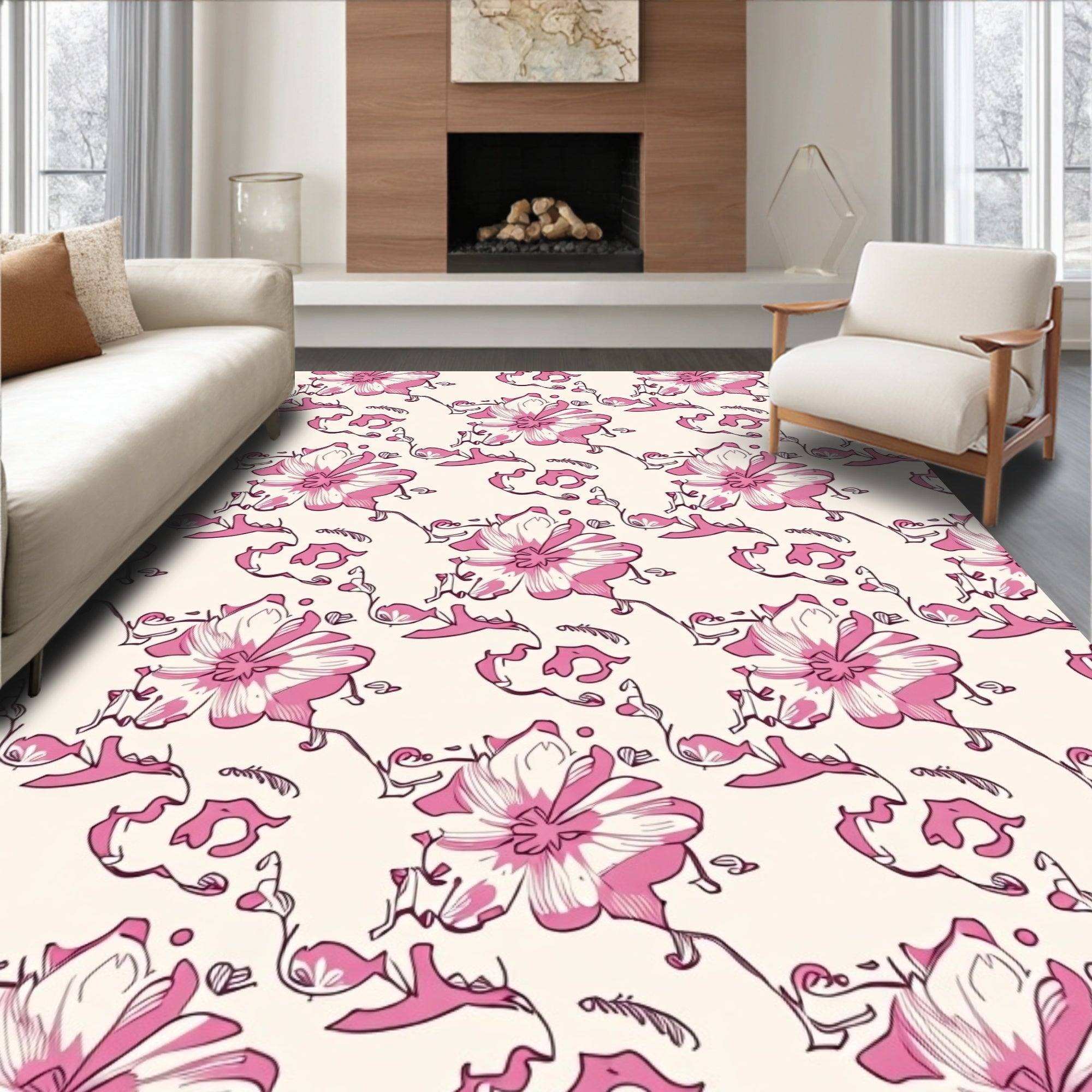 Pink Orchid Sketchy Floral Vine Rug