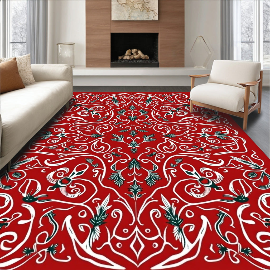 Crimson White Floral Serpentine Scroll Rug
