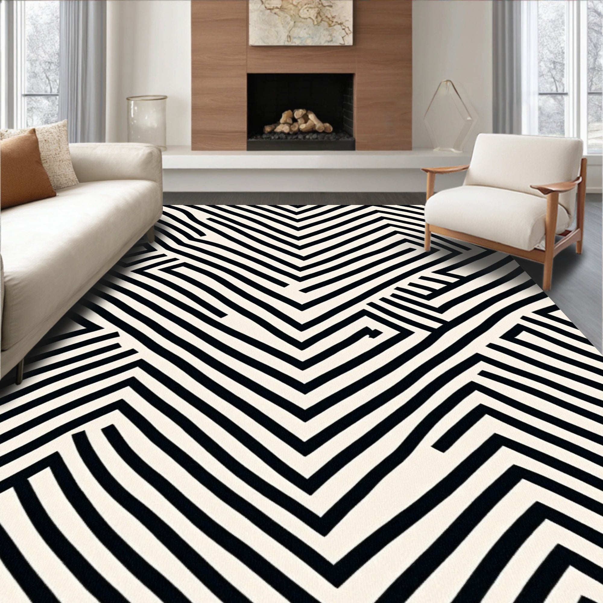 Black and White Abstract Maze Rug