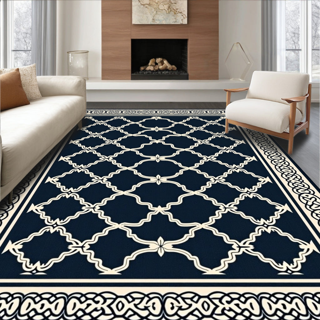 Navy White Trellis Border Rug