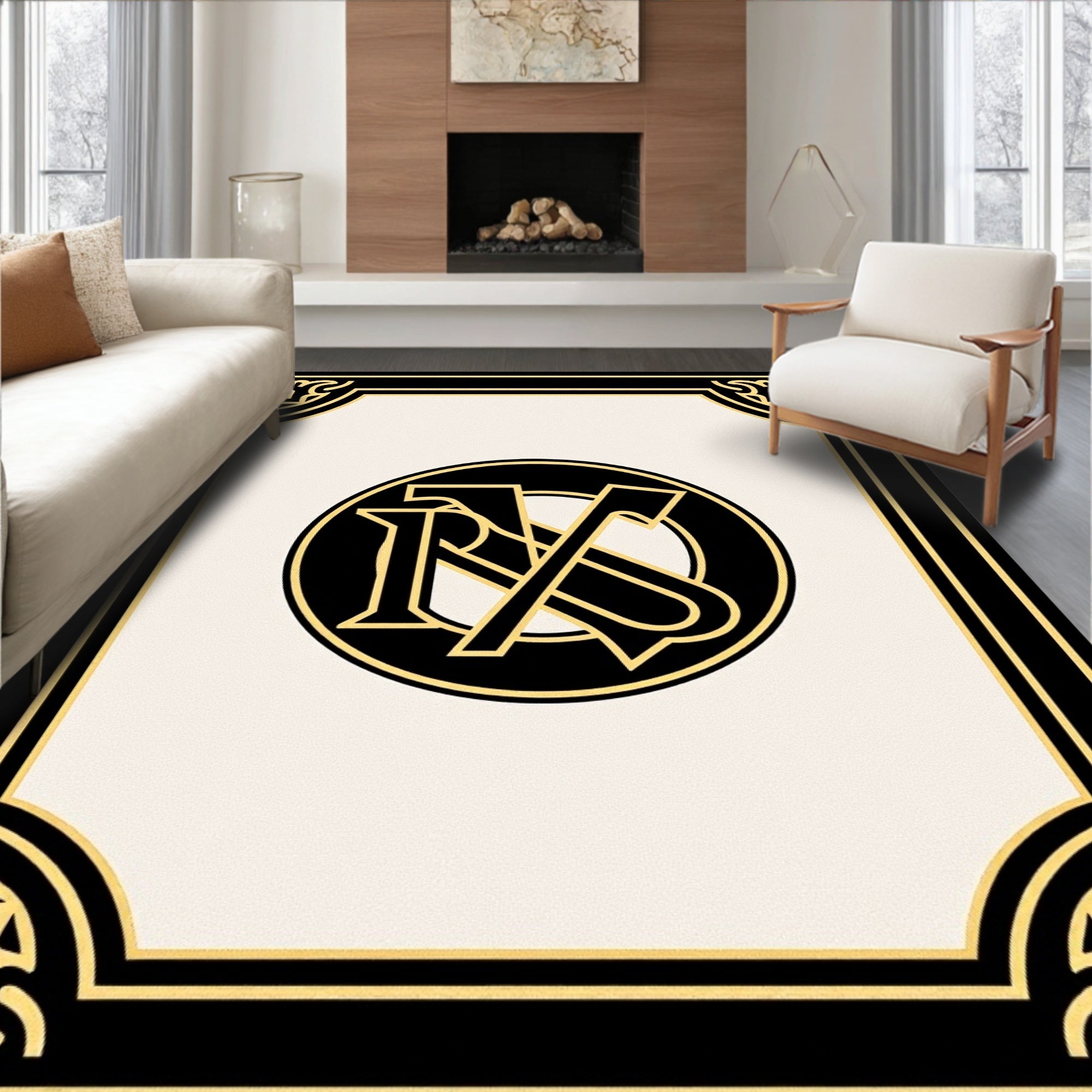 Classic Black Gold Monogram Border Rug