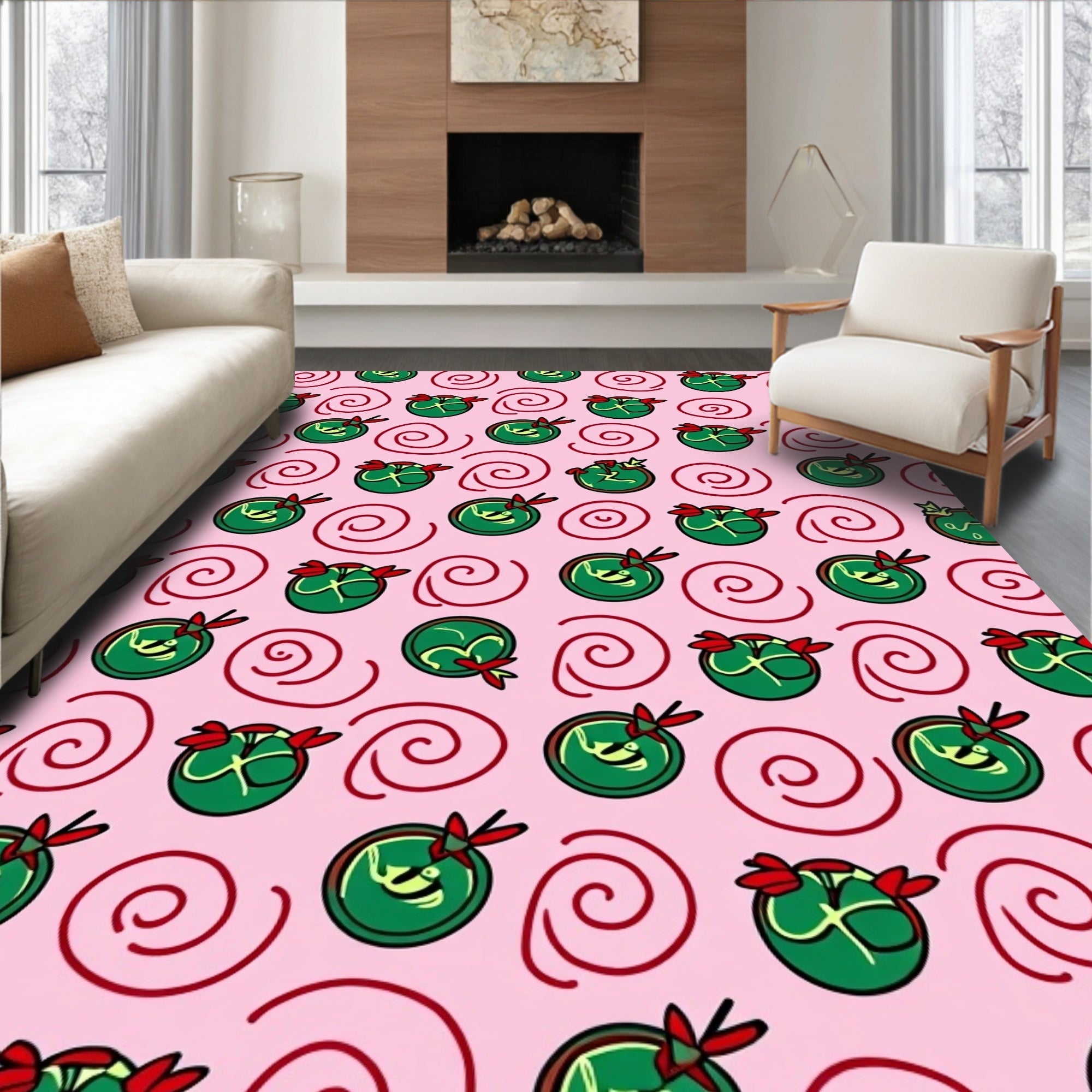 Whimsical Green Ball Swirl Pink Rug