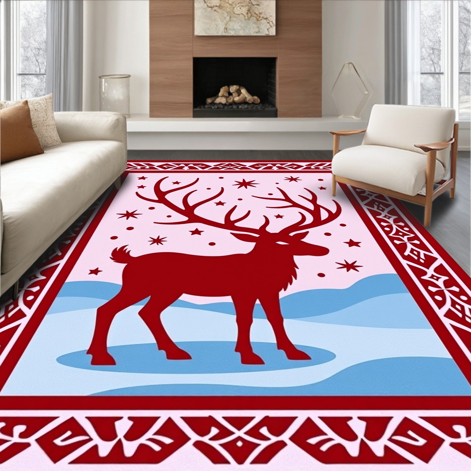Crimson Reindeer Winter Scene Rug