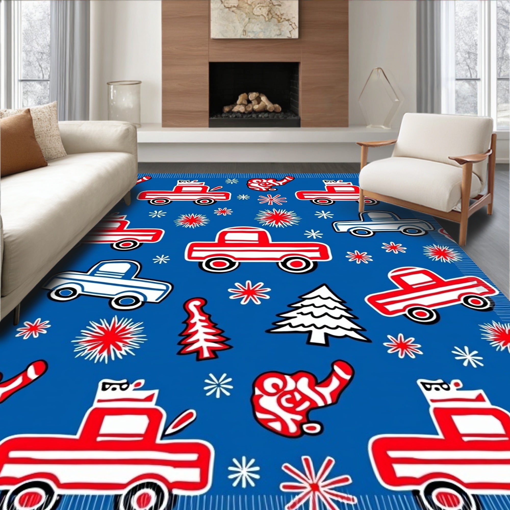 Red White Blue Truck Pinecone Scatter Rug