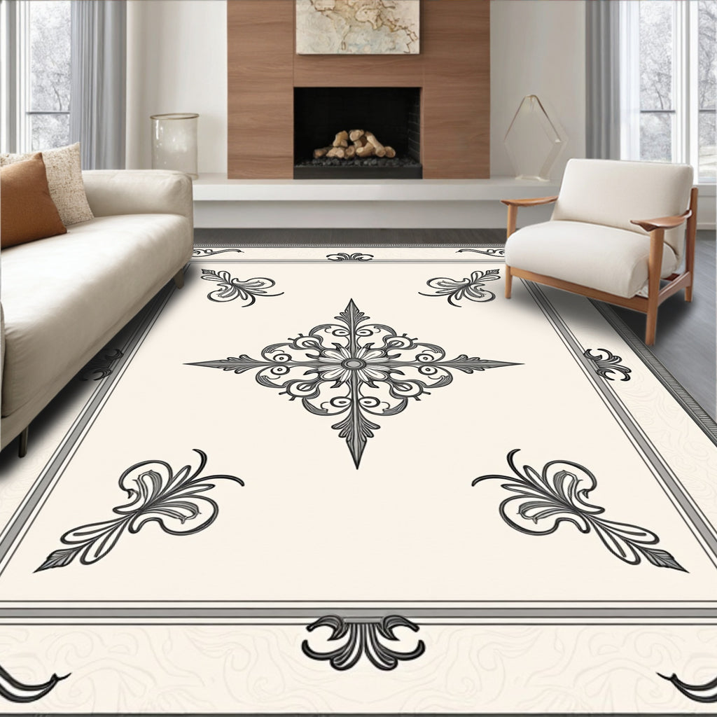 Elegant Beige Scrollwork Medallion Rug