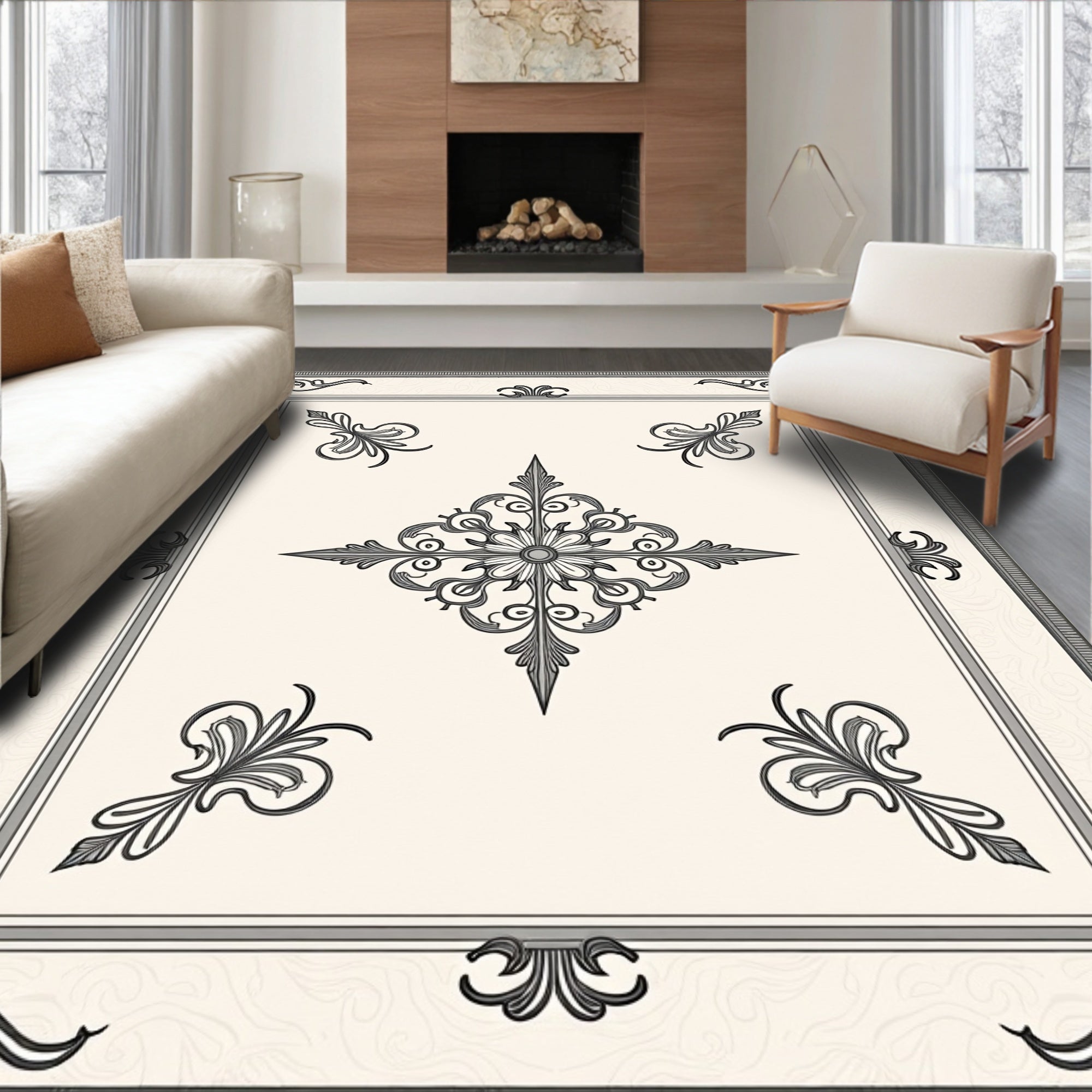 Elegant Beige Scrollwork Medallion Rug