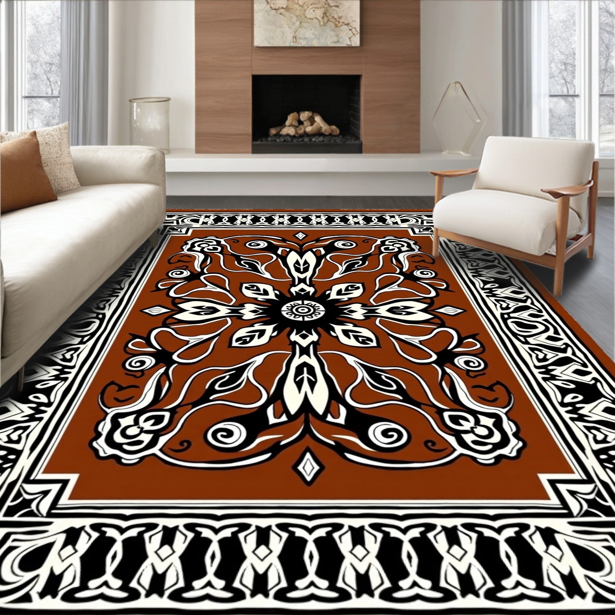 Rich Brown Floral Scroll Medallion Rug