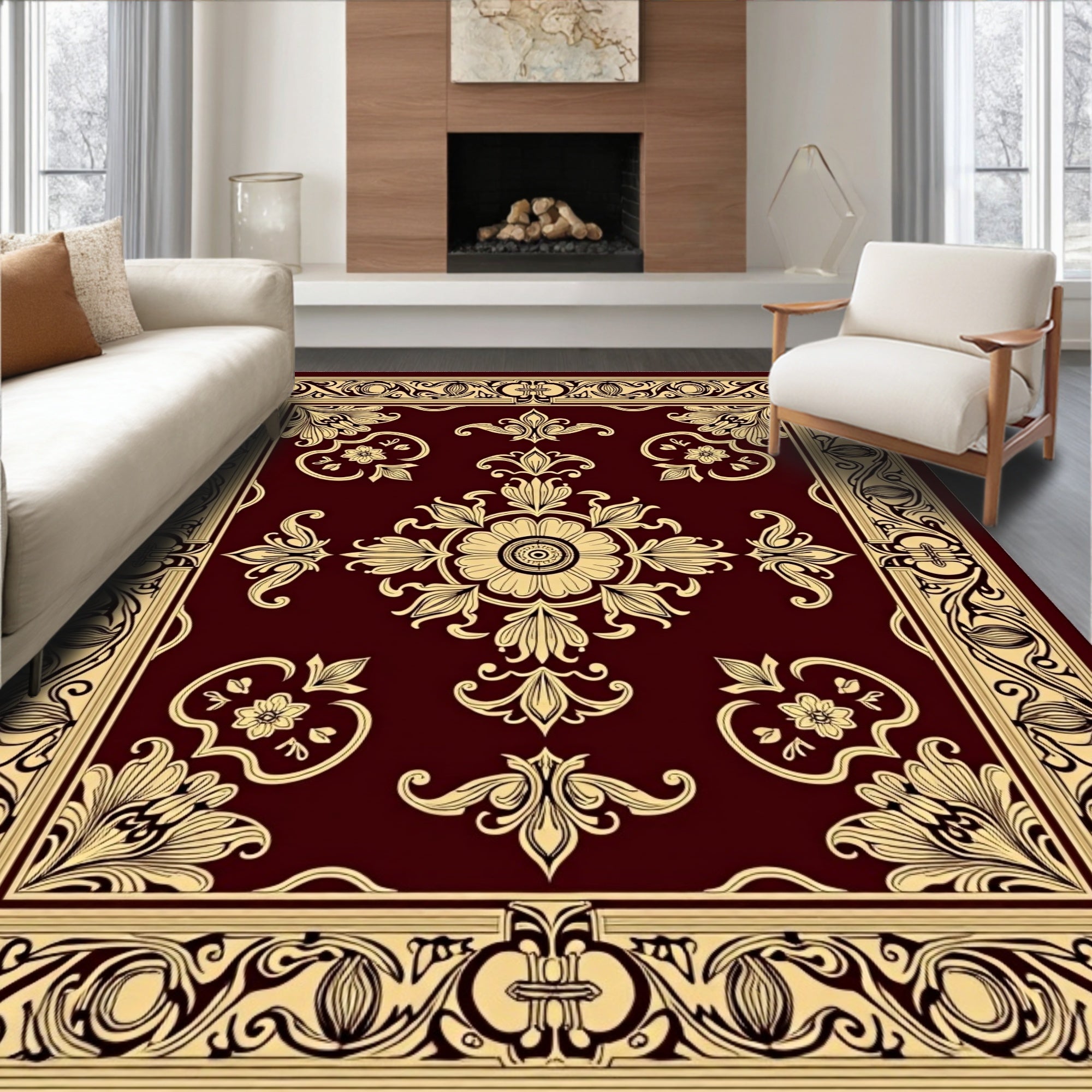 Burgundy Floral Medallion Border Rug