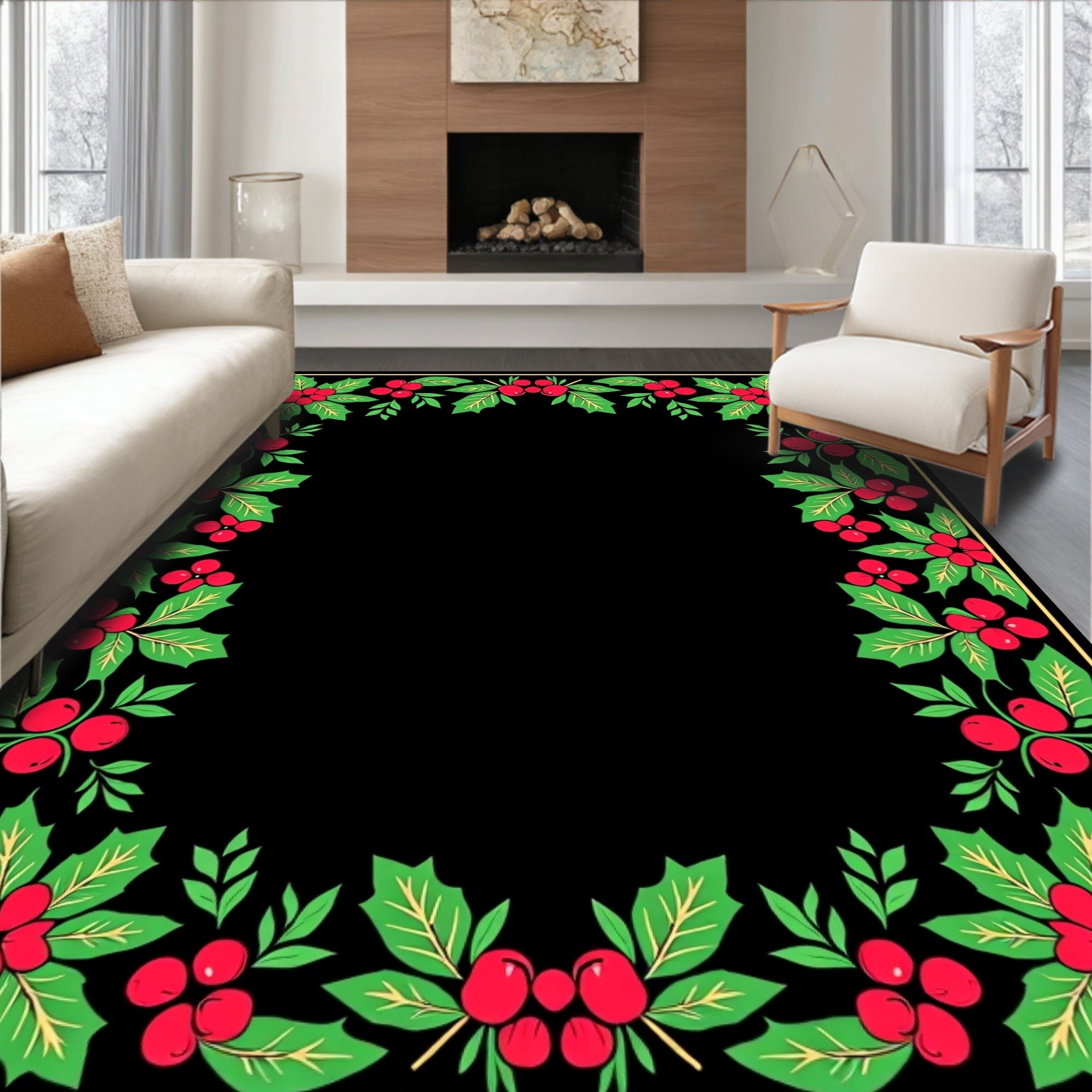 Red Berry Green Leaf Border Rug