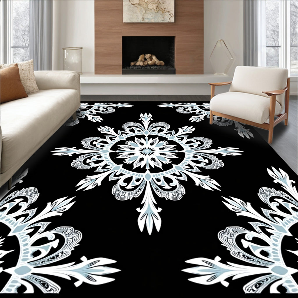 Black White Blue Lacework Snowflake Rug
