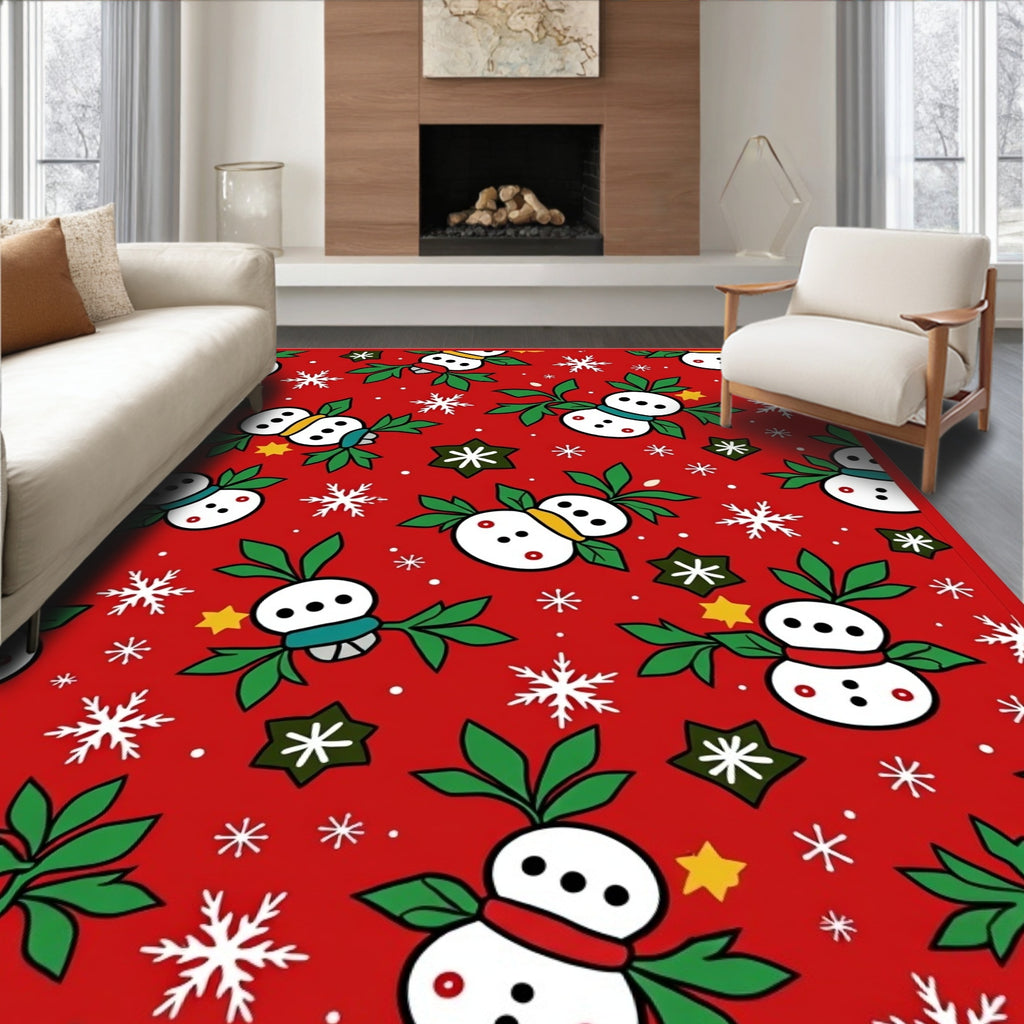Festive Red Snowmen Snowflake Stars Rug