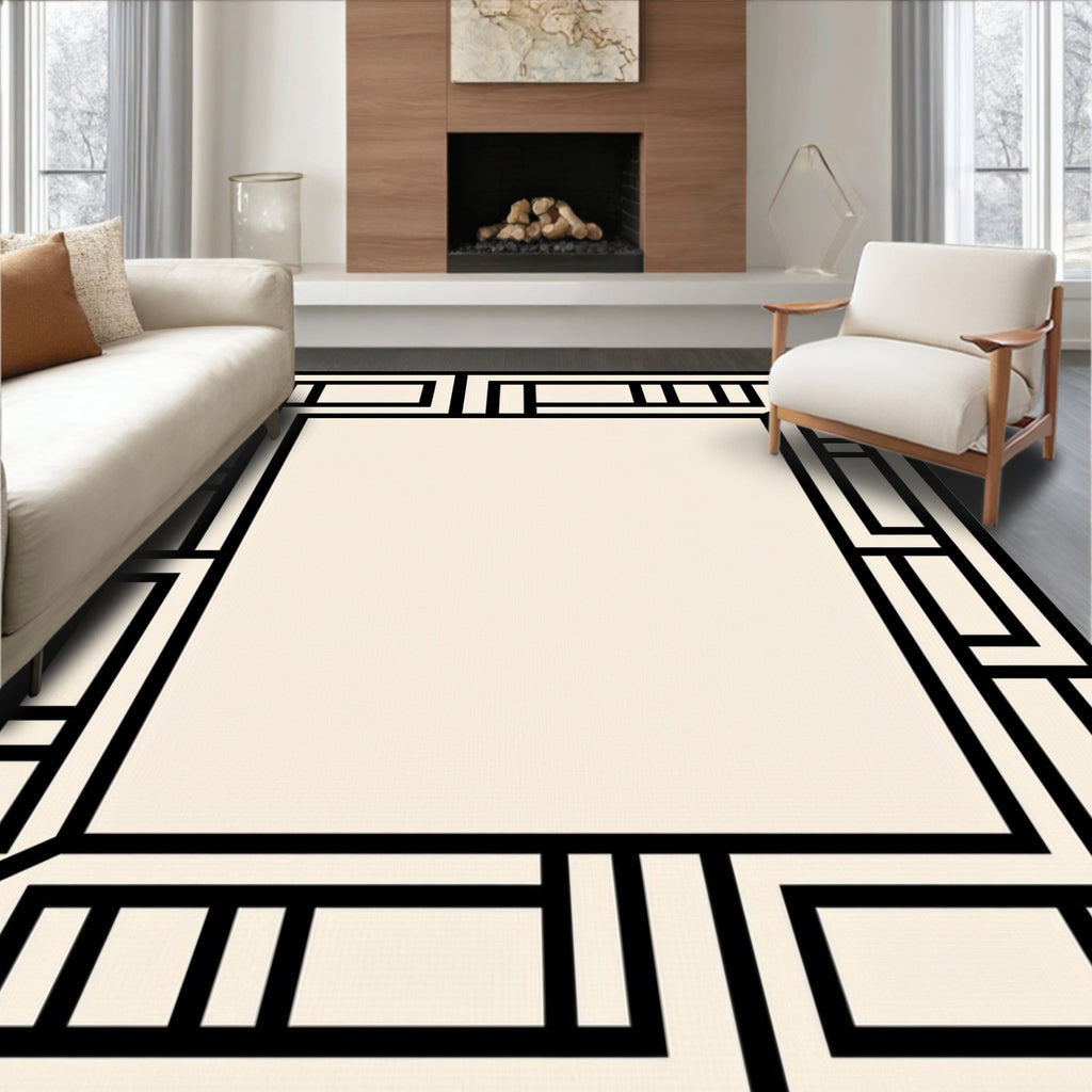 Cream Black Abstract Geometric Frame Rug