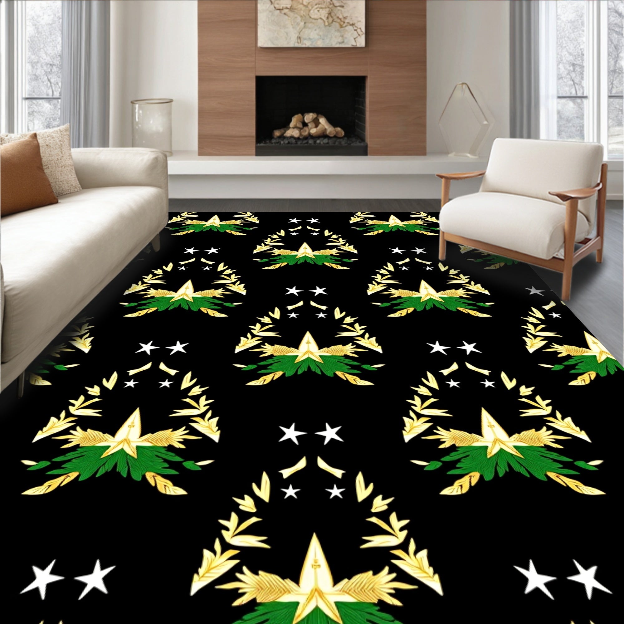 Gold Laurel Star And Leaf Arrangement Rug