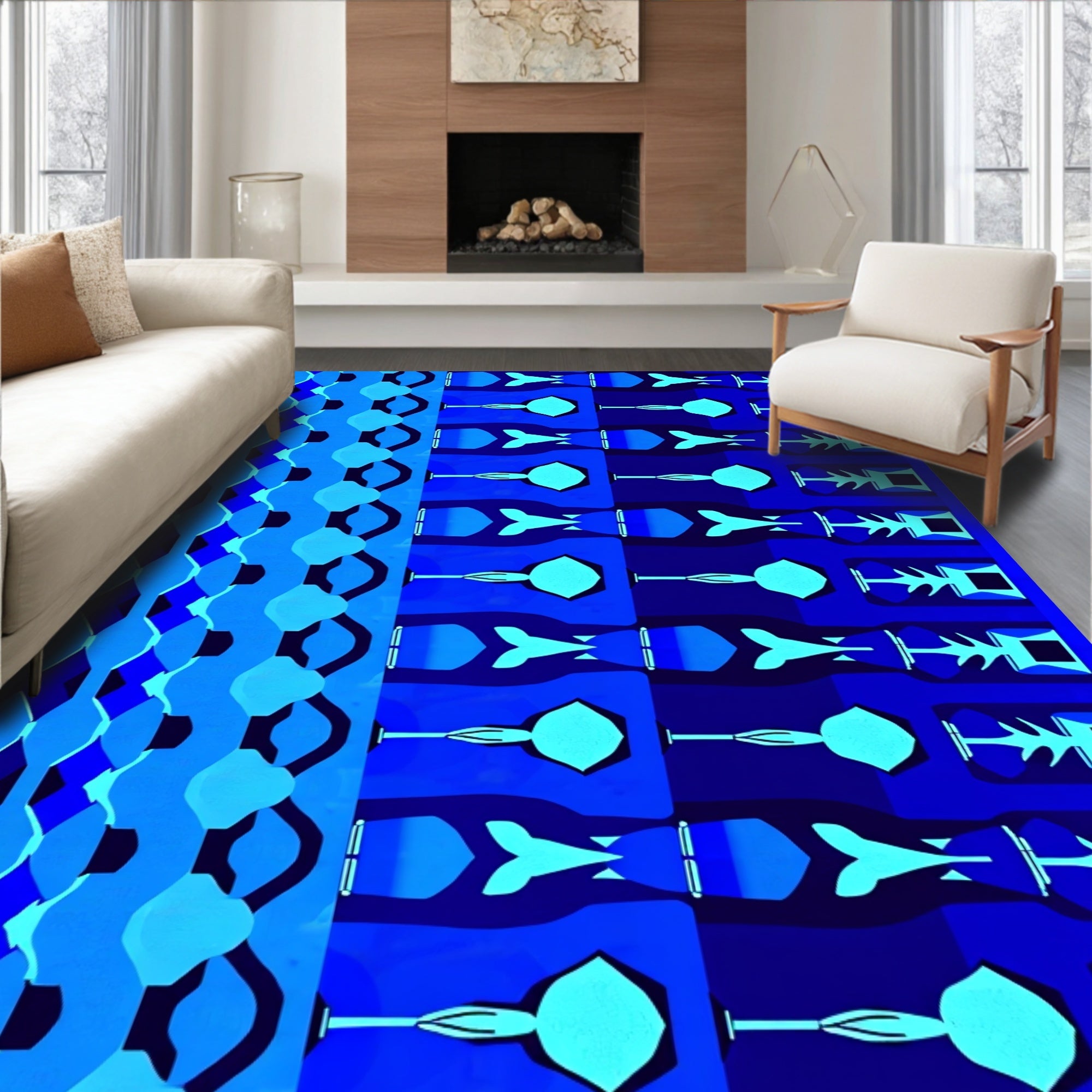 Cool Blue Geometric Border Stripes Rug