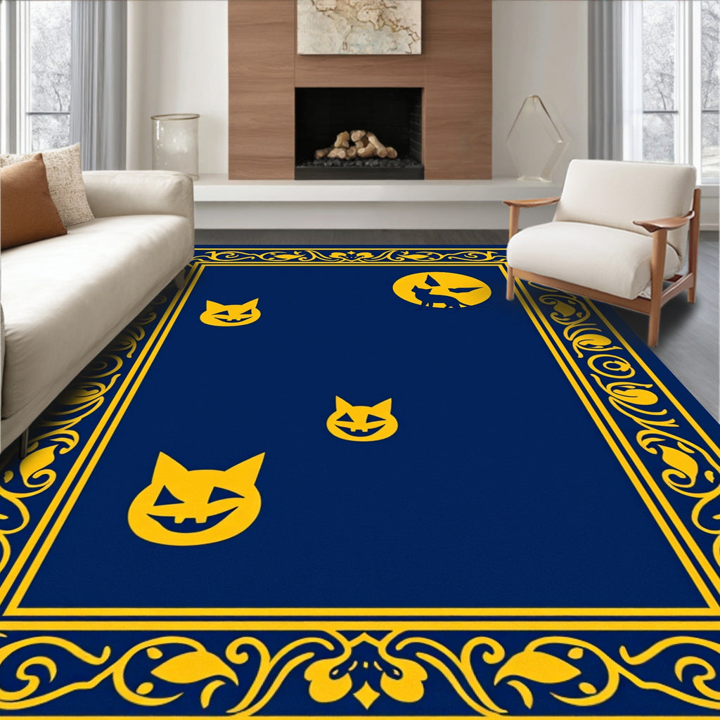 Midnight Blue Yellow Halloween Cat Frame Rug
