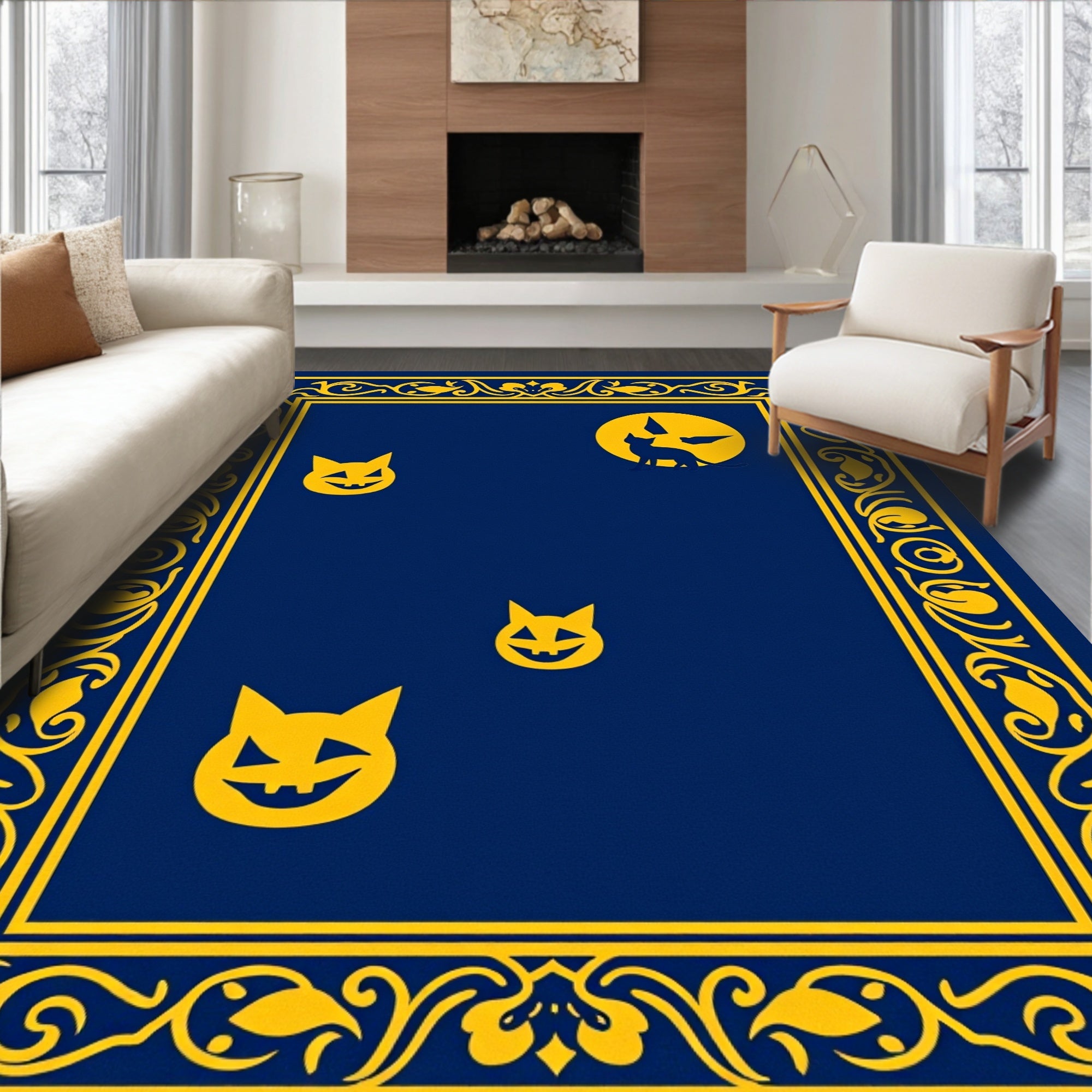 Midnight Blue Yellow Halloween Cat Frame Rug