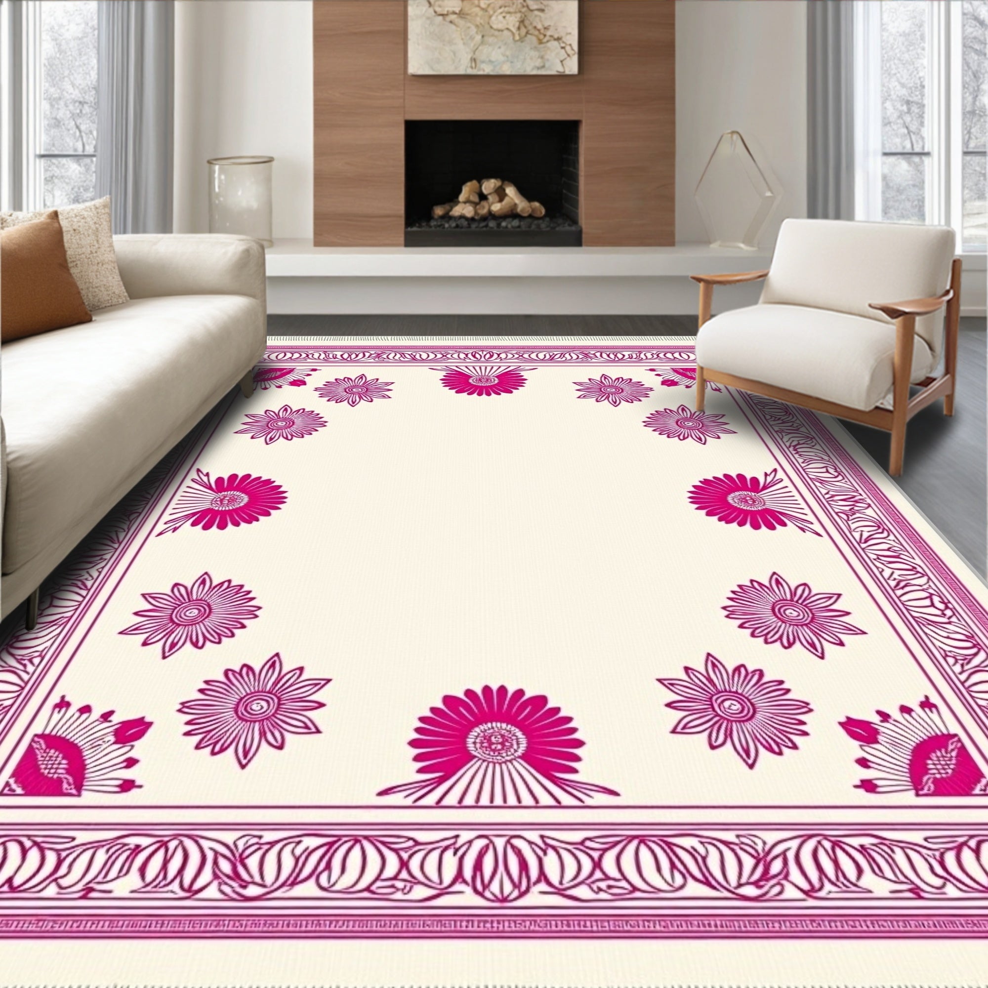 Radiant Fuchsia Floral Border Rug