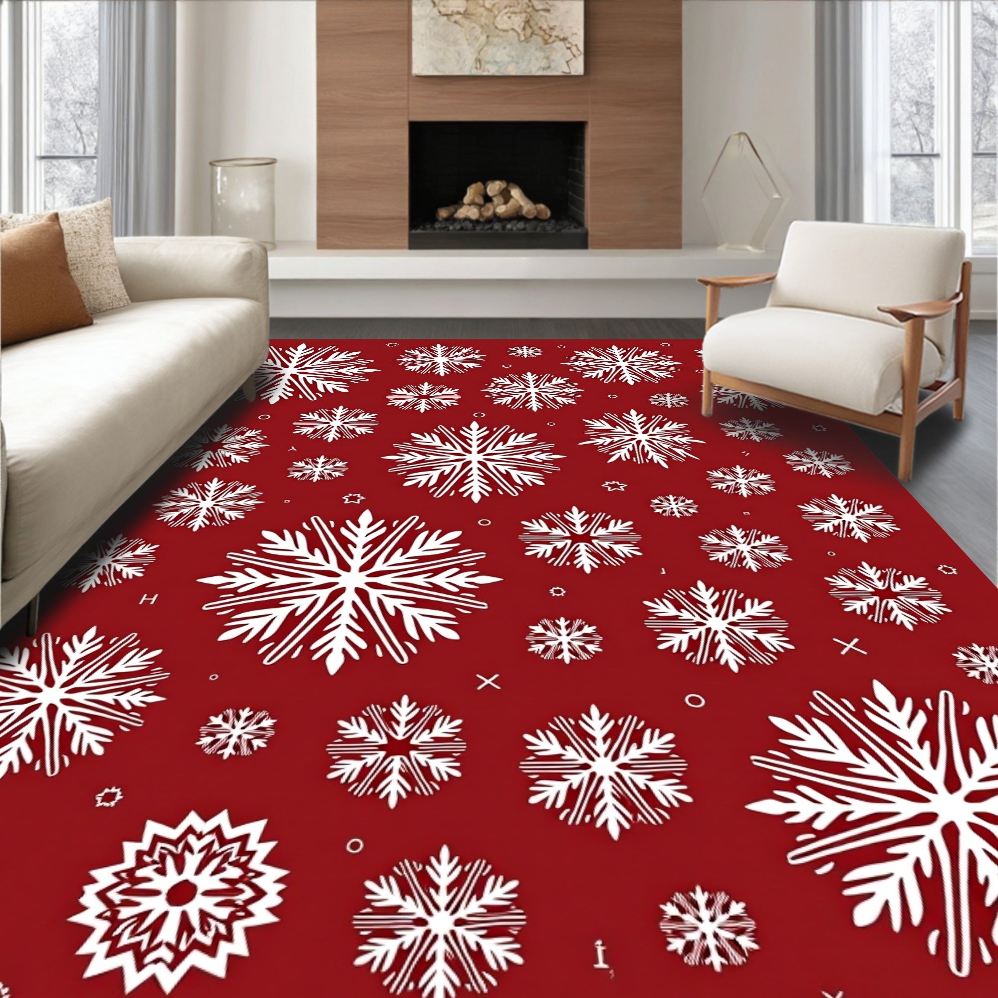 Crimson White Snowflake All Over Rug