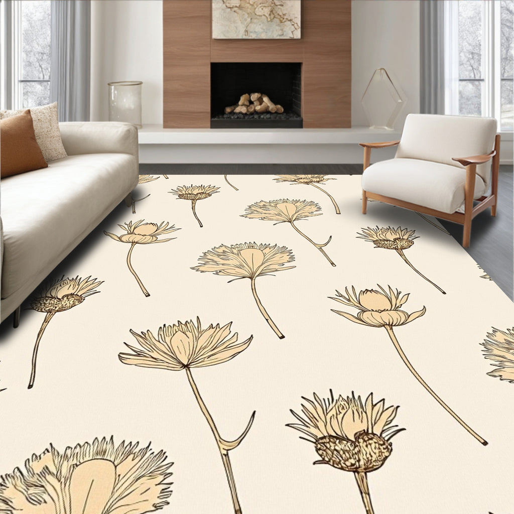 Tan Wildflower Line Art Rug