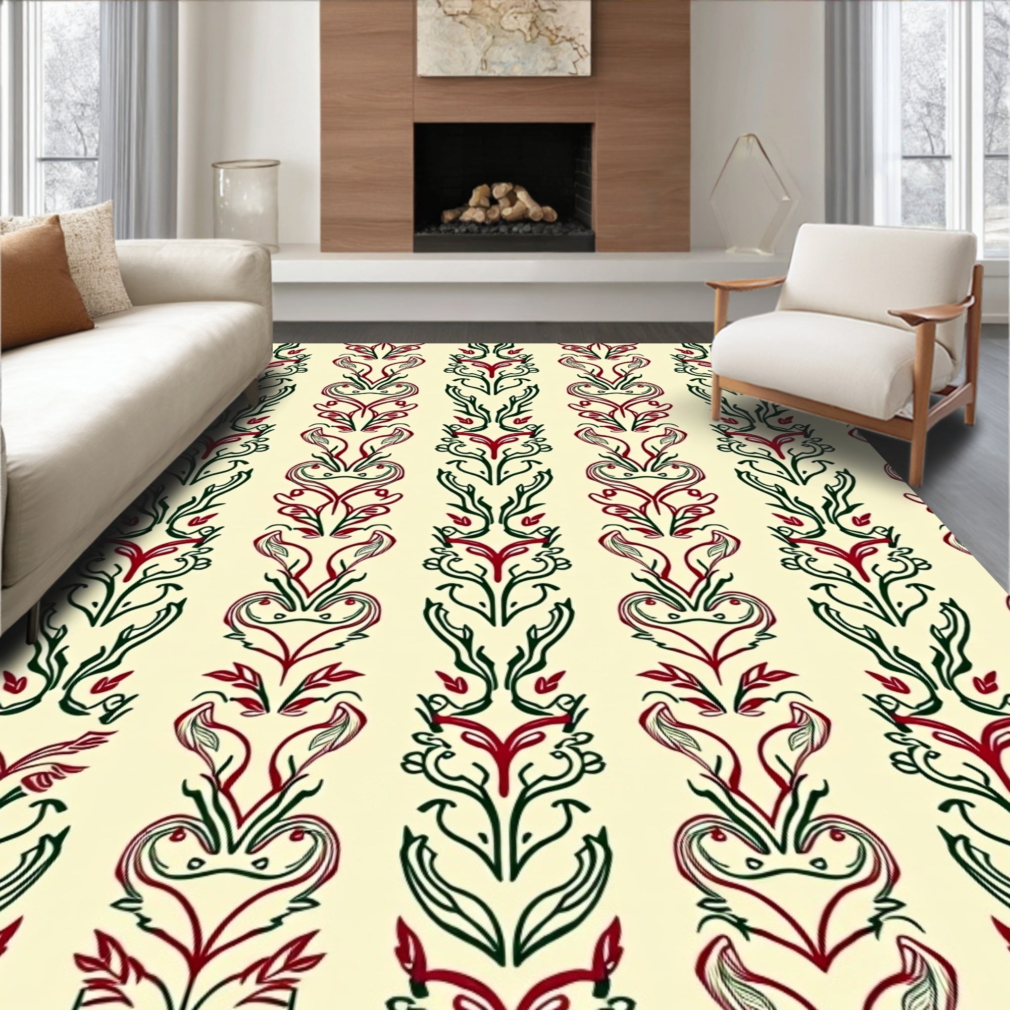 Crimson Green Floral Vertical Stripe Rug